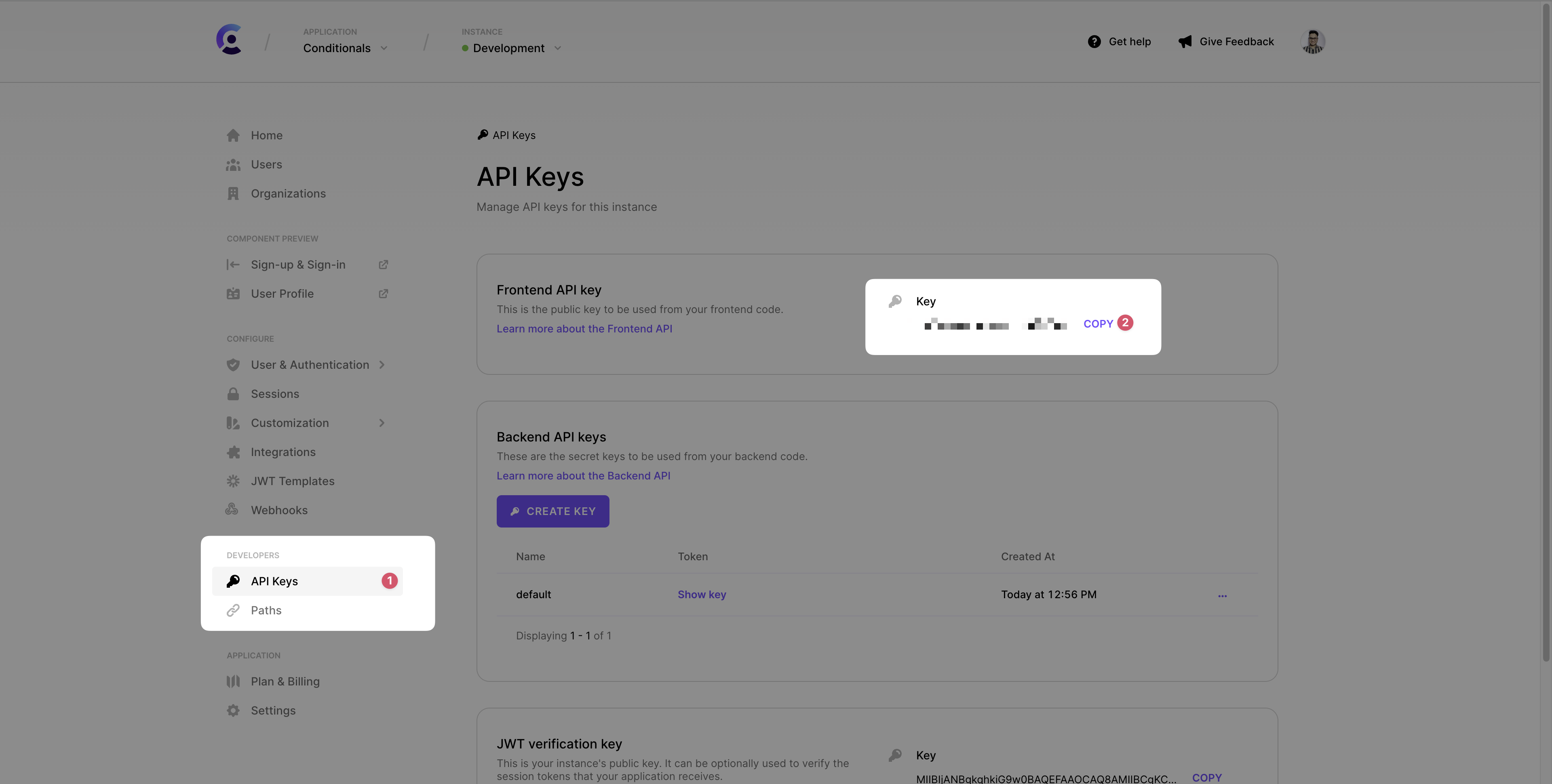 Copy frontend API key from Clerk