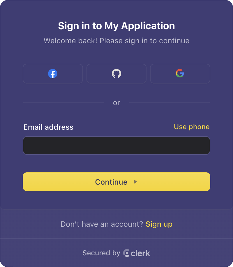 A sign-in form with a purple and yellow theme