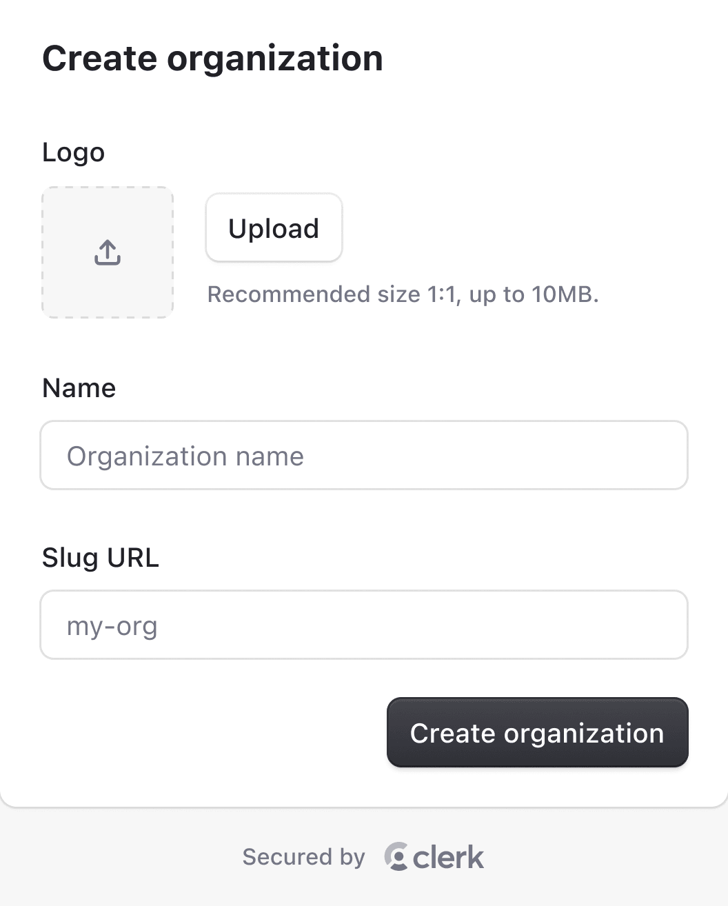 Clerk create organization component with input fields for logo, name, and slug.