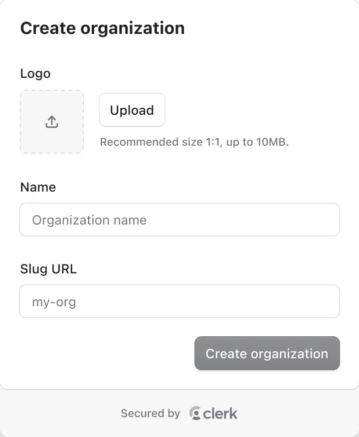 Clerk create organization component with input fields for logo, name, and slug.