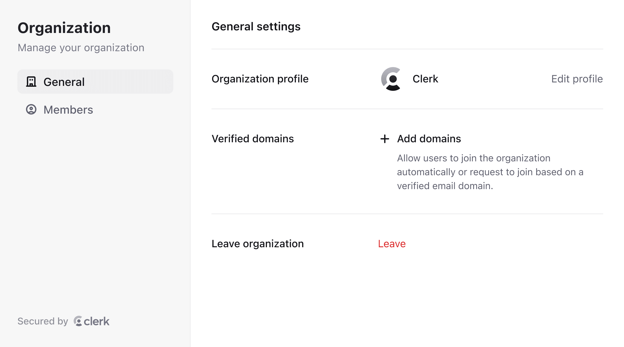 Clerk organization profile component with options to manage the profile and member settings.