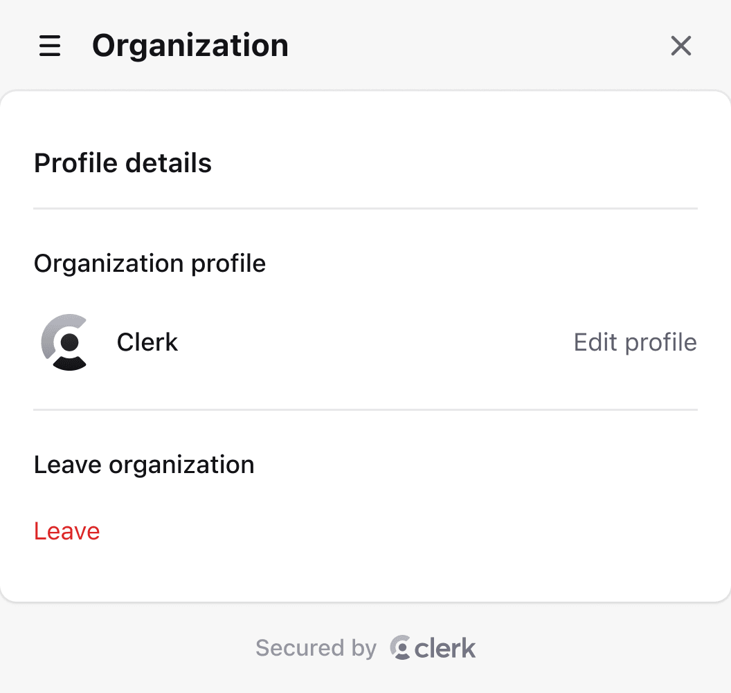 Clerk organization profile component with options to manage the profile and member settings.