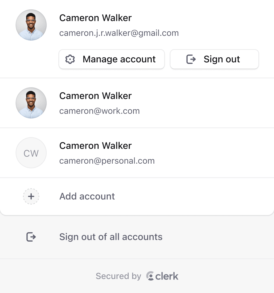 Clerk user button component expanded to display account switcher, manage account, and sign out options.
