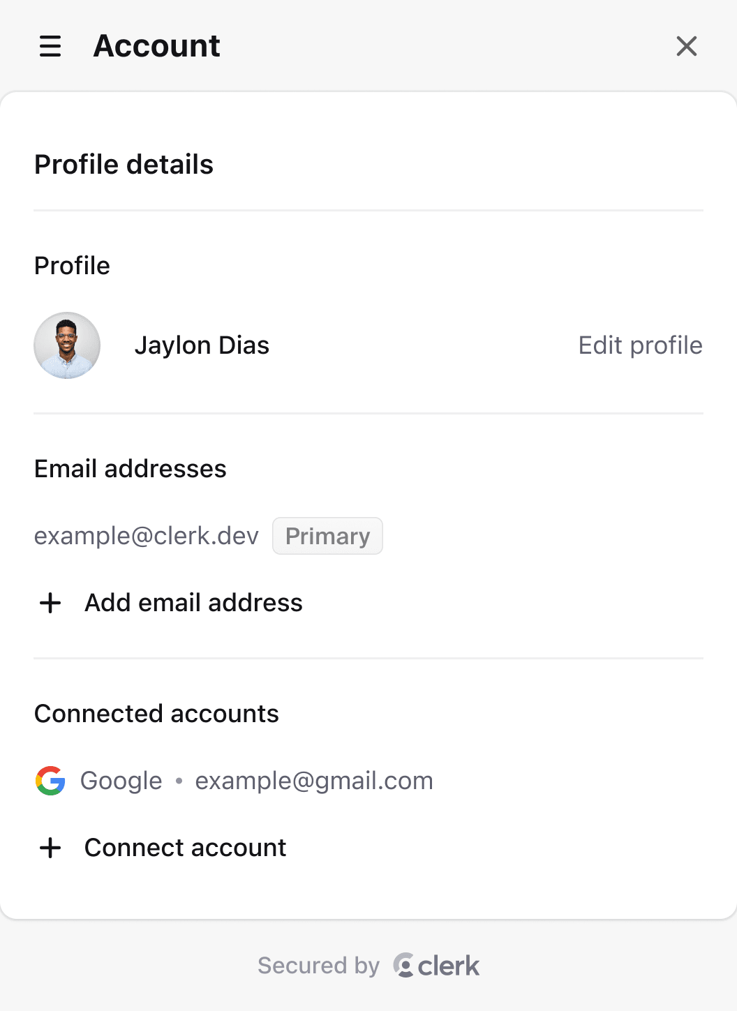 Clerk user profile component with options to manage profile and security settings.