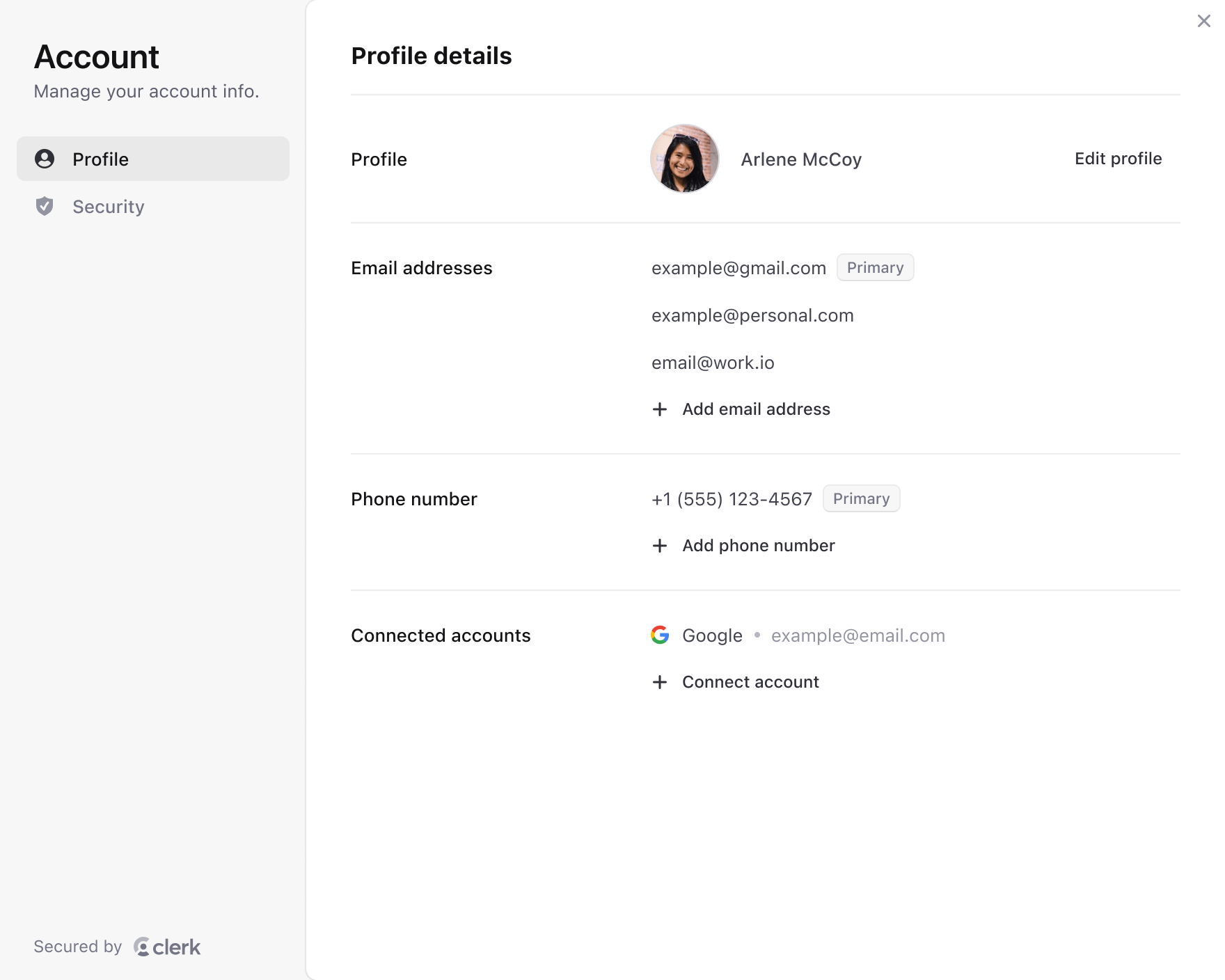 Clerk user profile component with options to manage profile and security settings.