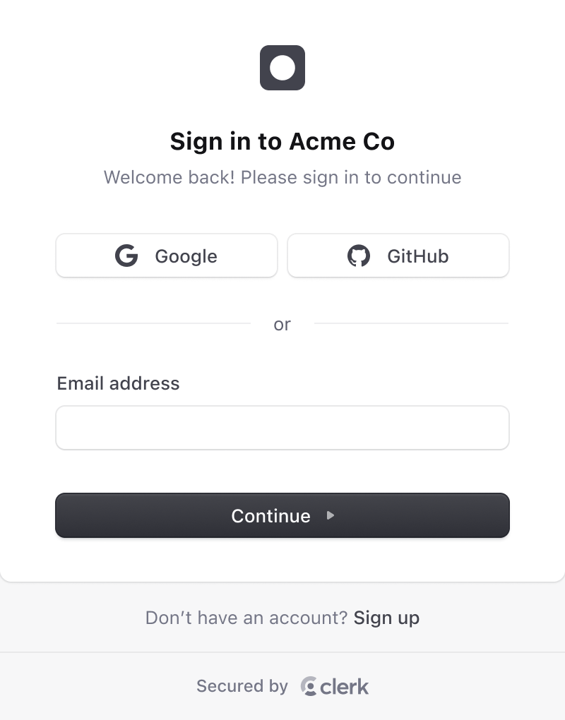 Clerk sign in component with options to authenticate using Google, GitHub, or email.