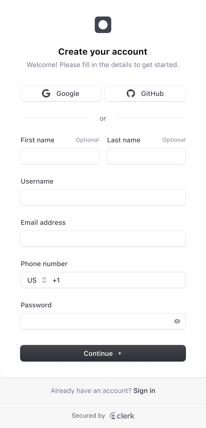 Clerk sign up component with input fields for first name, last name, username, email, phone number, and password.