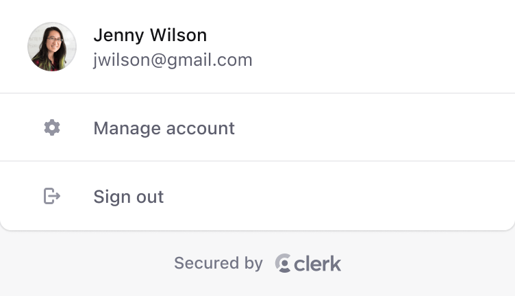 Clerk user button component showing the signed-in user's avatar, name and email address.