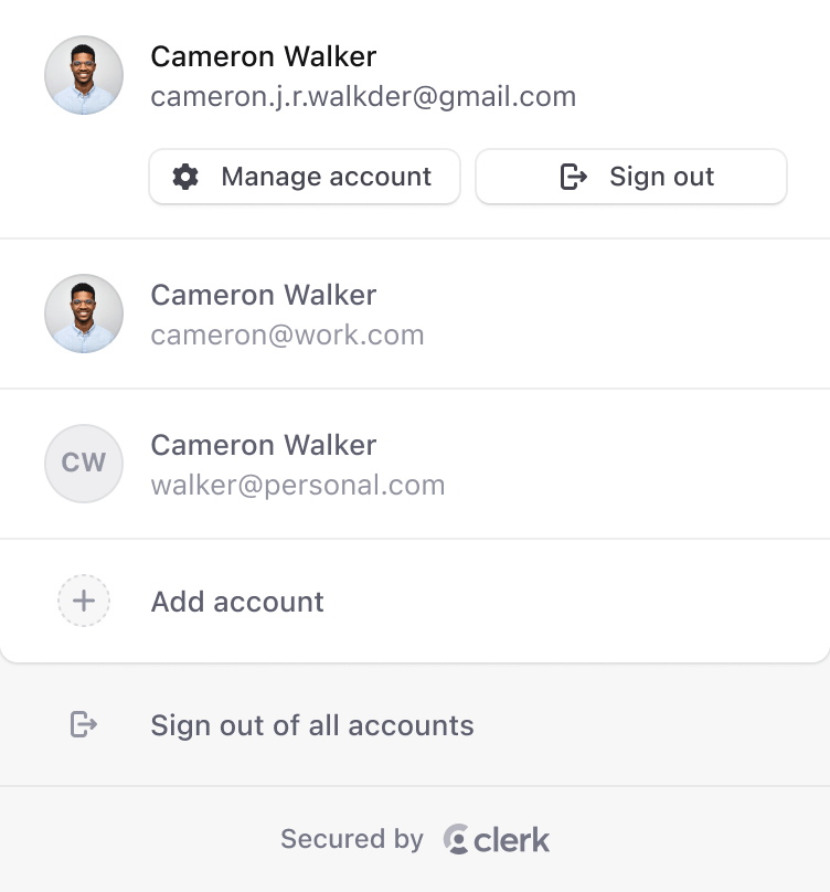 Clerk user button component expanded to display account switcher, manage account, and sign out options.