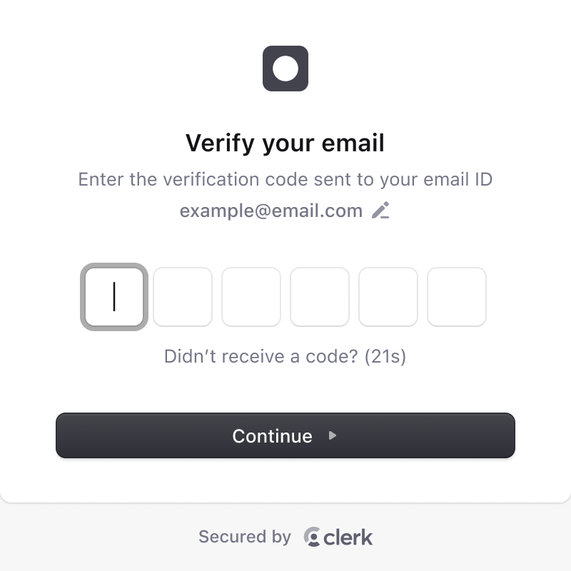 Clerk sign in component email verification screen with input field for entering a one-time passcode (OTP).