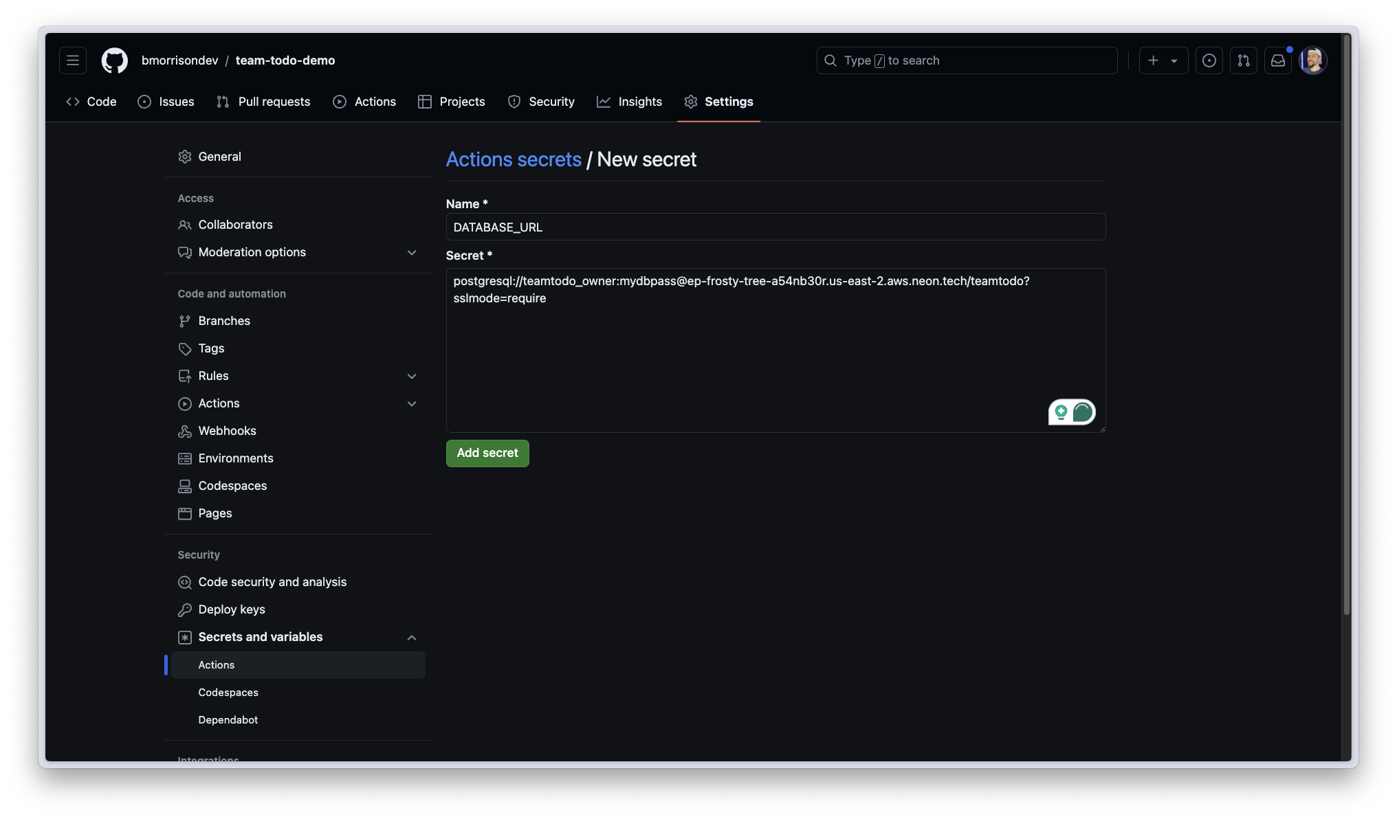 GitHub repository settings, adding the "DATABASE_URL" secret.