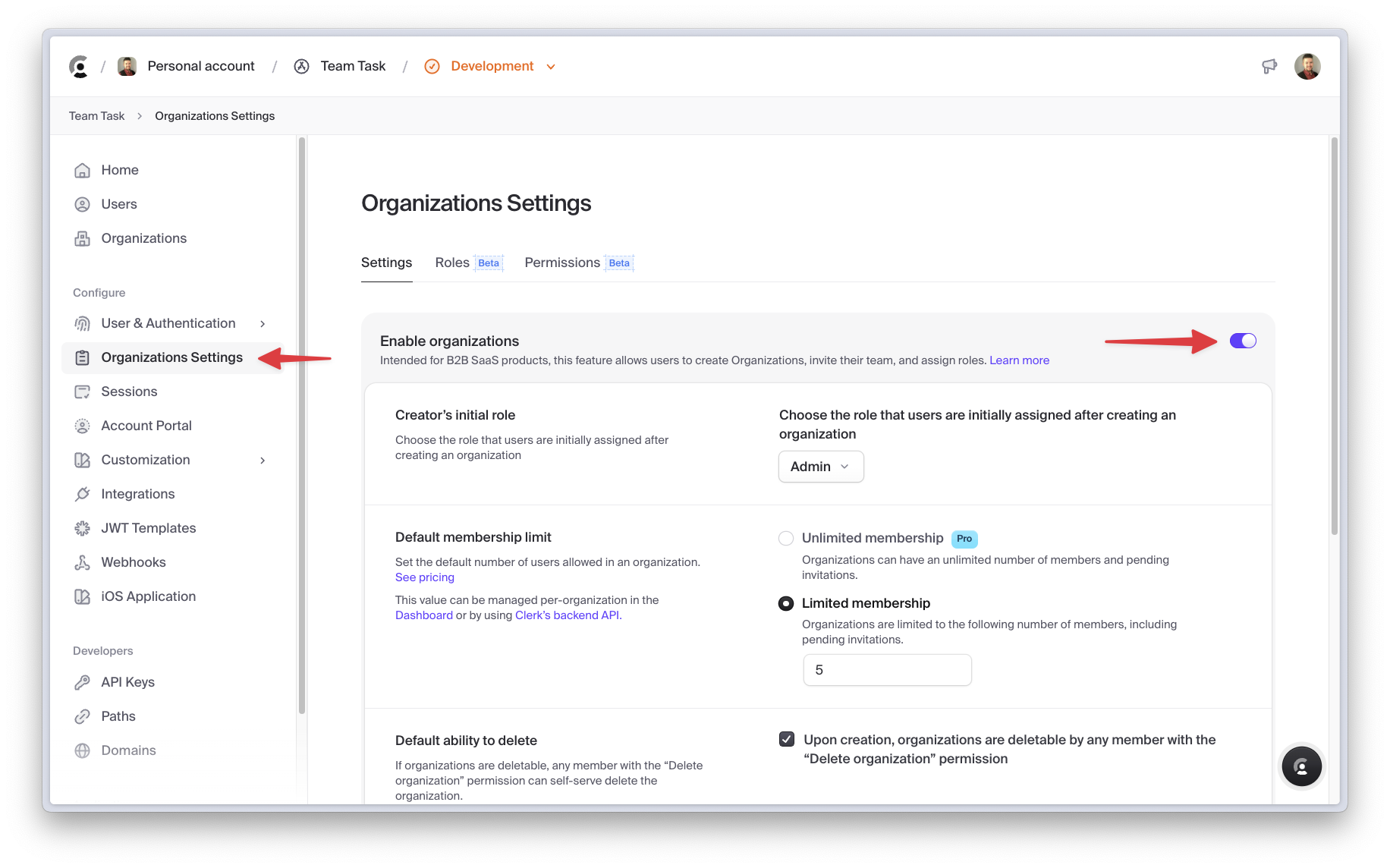 The Clerk Dashboard with one arrow pointing towards "Organization Settings" in the left nav, and another pointing towards the toggle next to "Enable organizations".