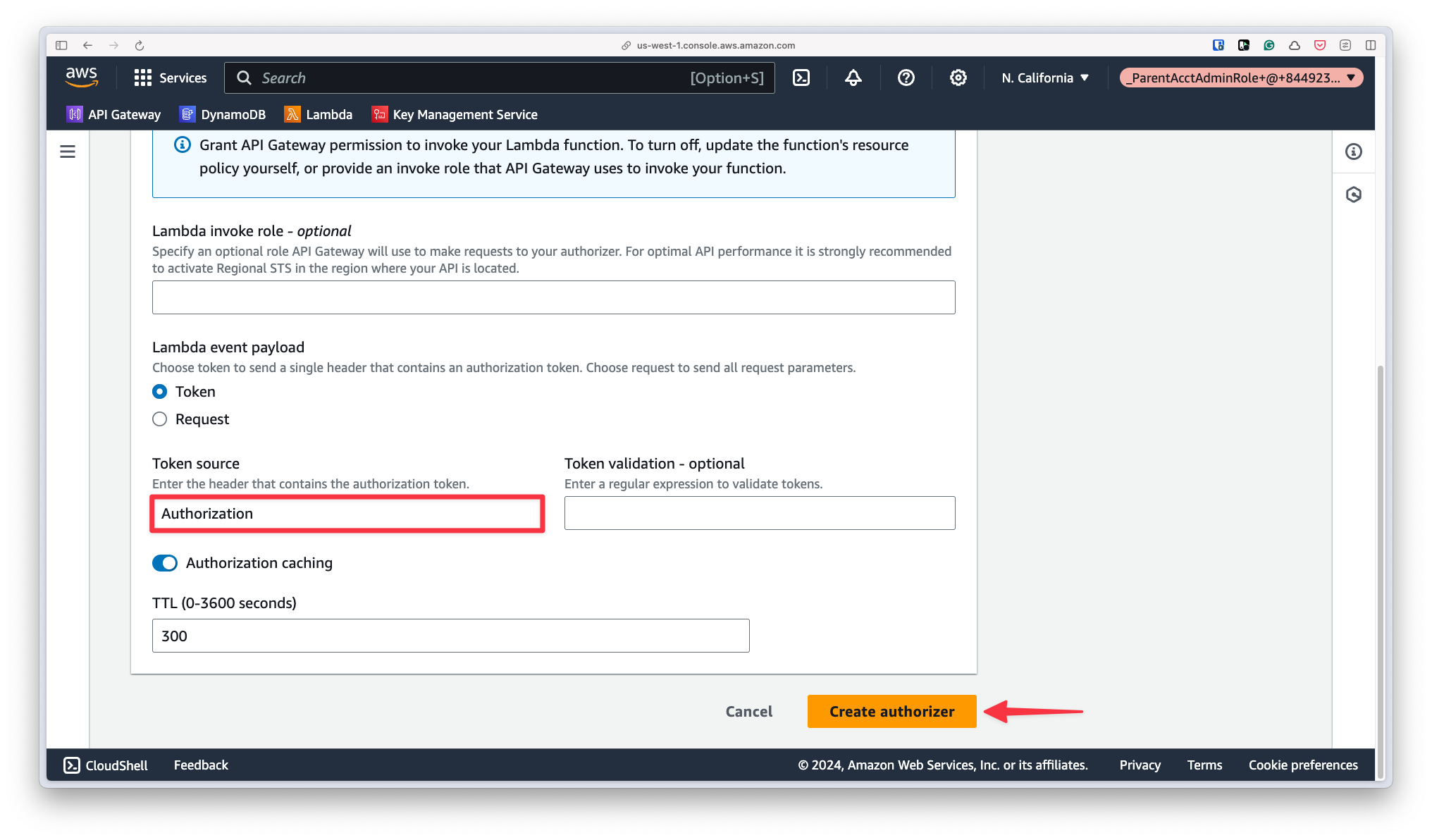 Where the Authorization header is configured for a Lambda authorizer