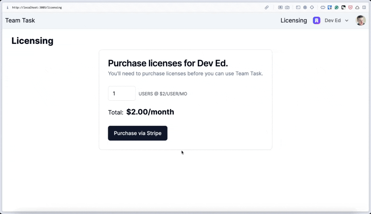 A demo of purchasing licenses with Stripe