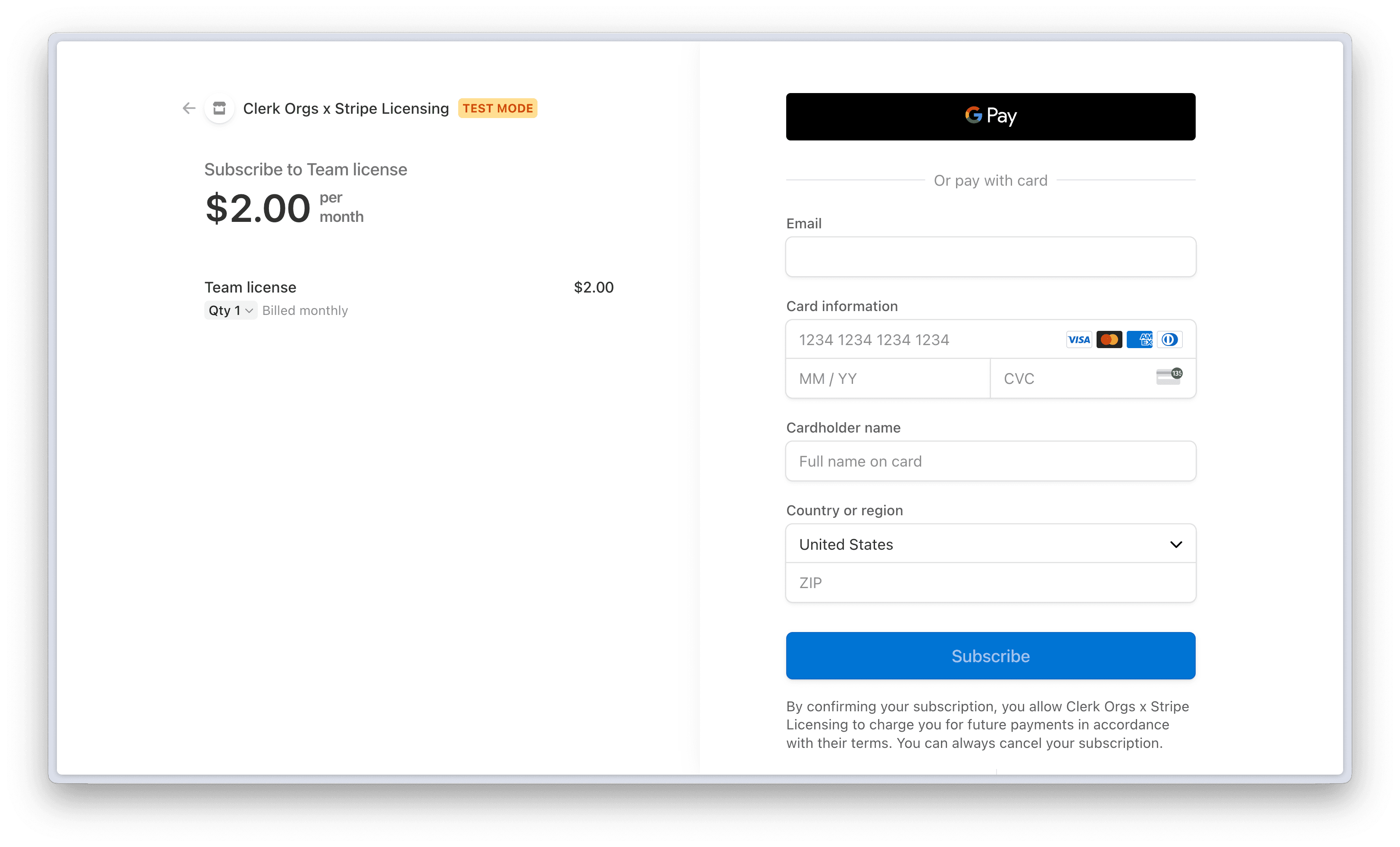 The Stripe checkout page.