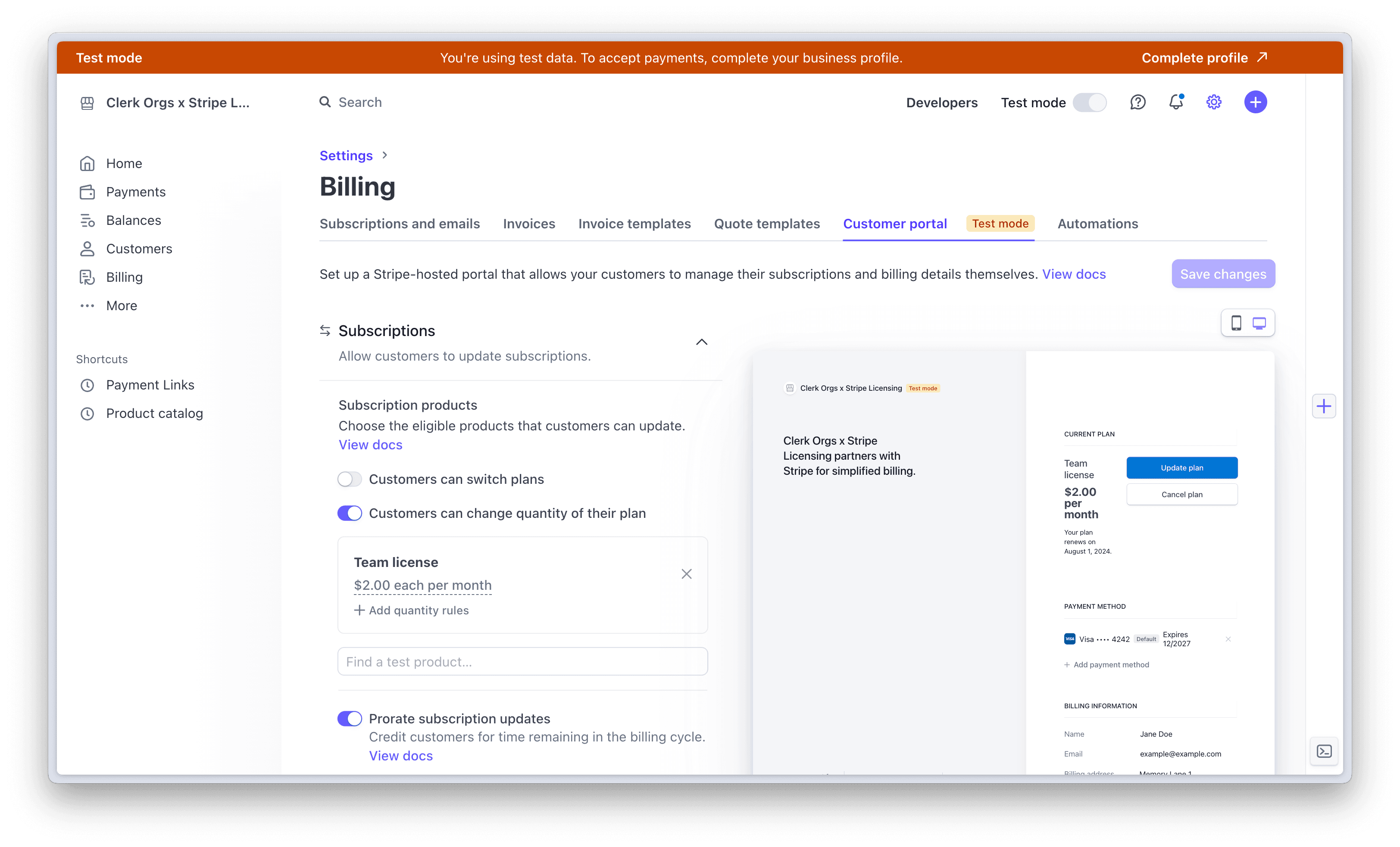 The settings page for the Stripe Customer Portal.