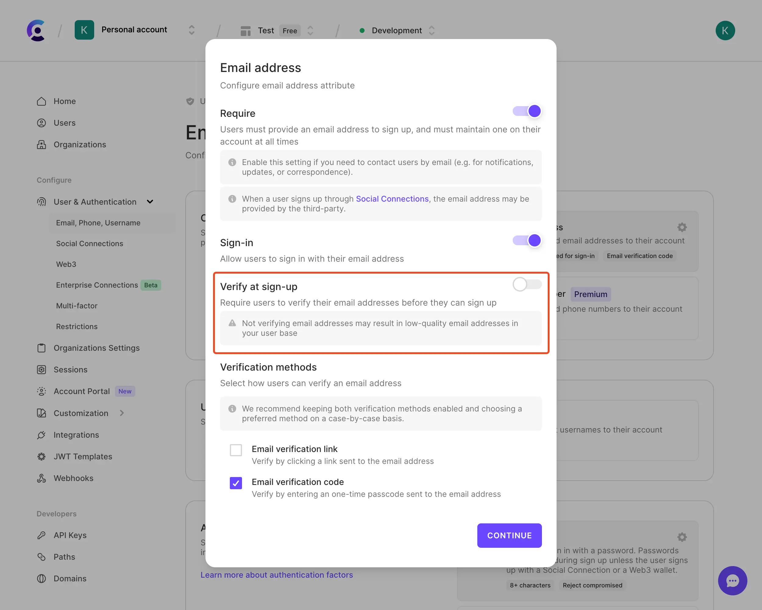 Verify at sign-up toggle in the Clerk Dashboard