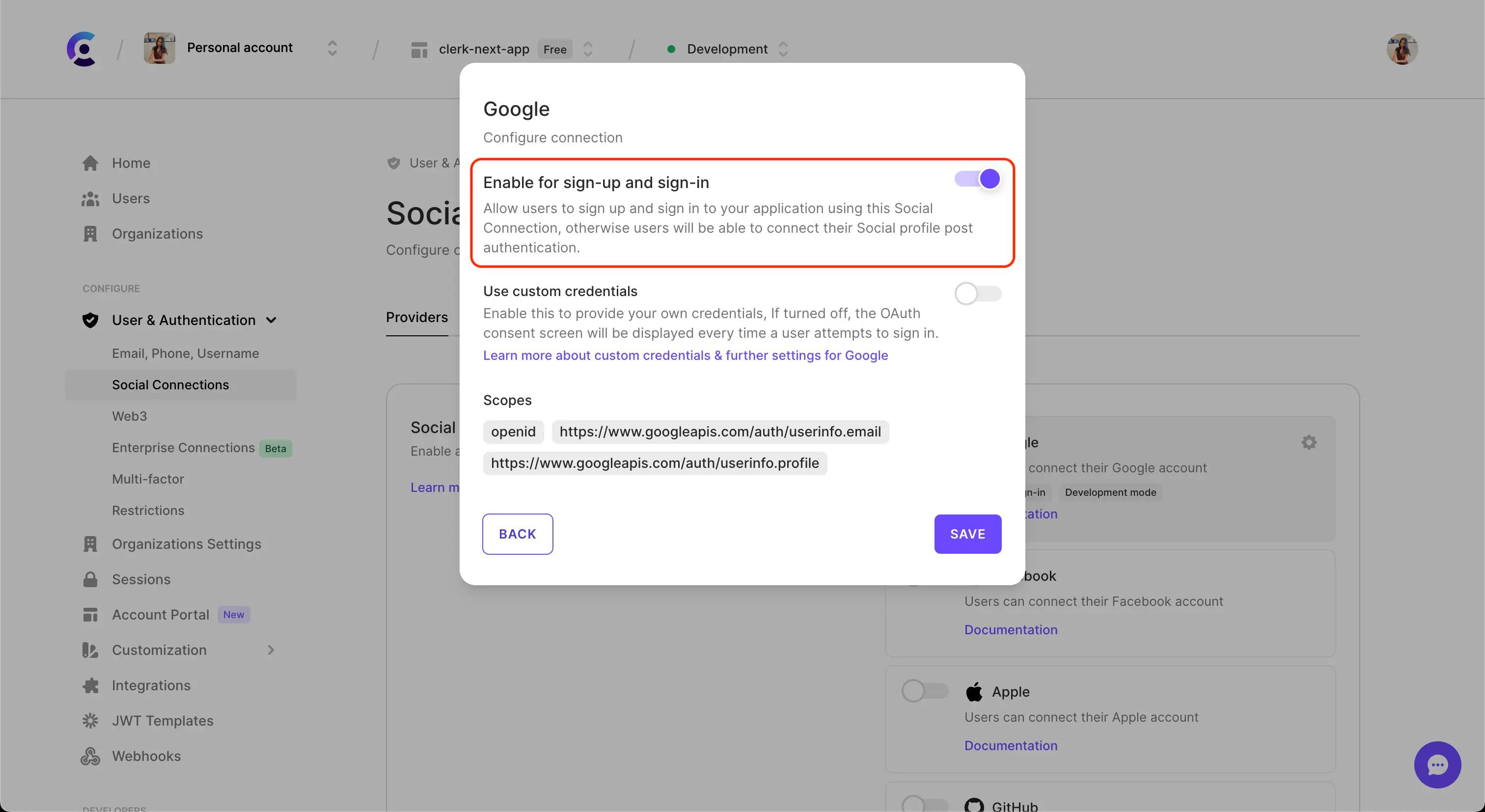 The 'Google' social connection settings modal with a red box surrounding the 'Enable for sign-up and sign-in' section.