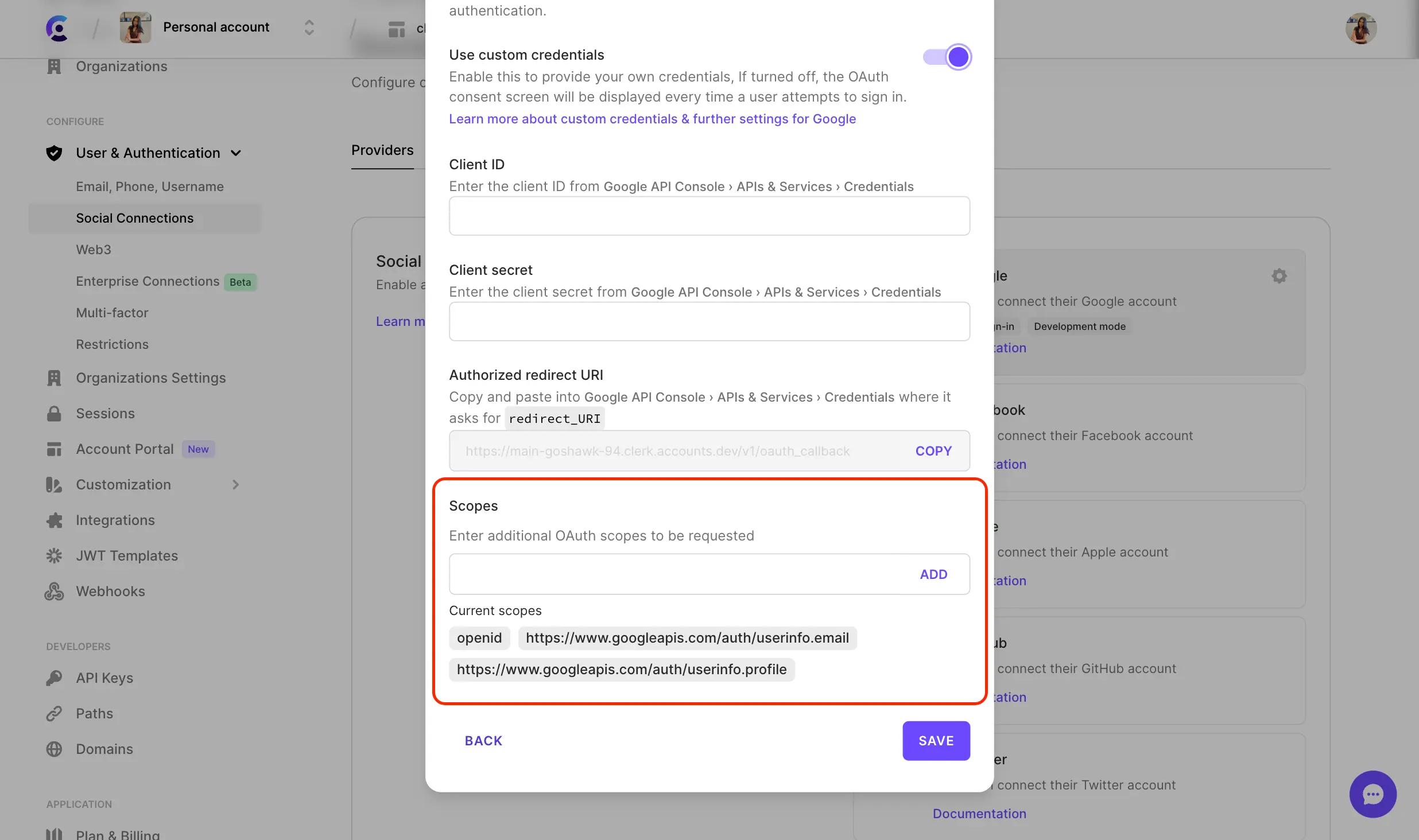 The 'Scopes' section of a social connections' settings modal.