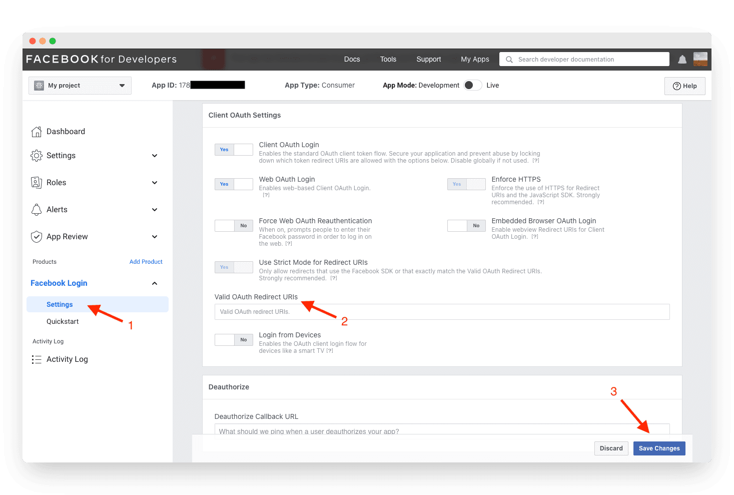 Adding the valid OAuth Redirect URI