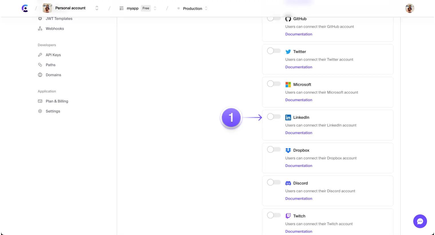 The 'Social connections' page in the Clerk Dashboard. An arrow is pointing to the LinkedIn toggle.