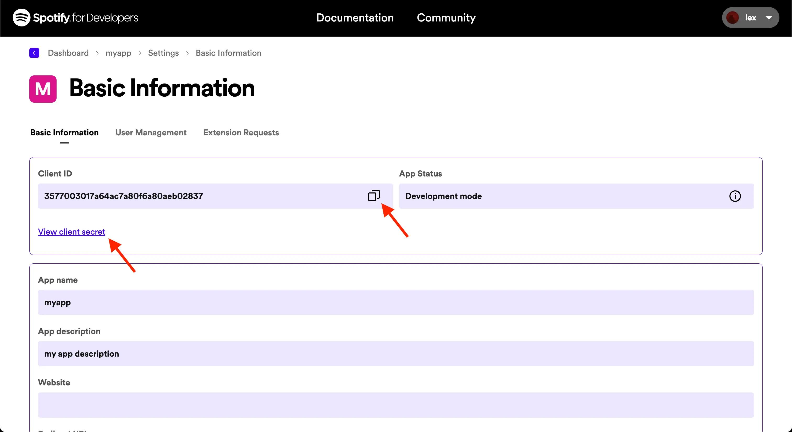 The 'Basic information' tab of the Spotify application's settings. A red arrow points to the 'Client ID' and 'Client Secret'.