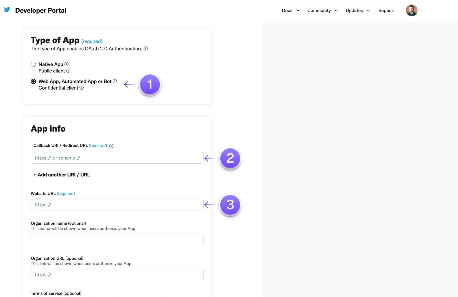 The X/Twitter user authentication settings page. An arrow marked '1' is pointing to the 'type of app' input. An arrow marked '2' is pointing to the 'Callback URI / Redirect URL' input. An arrow marked '3' is pointing to required website URL input.