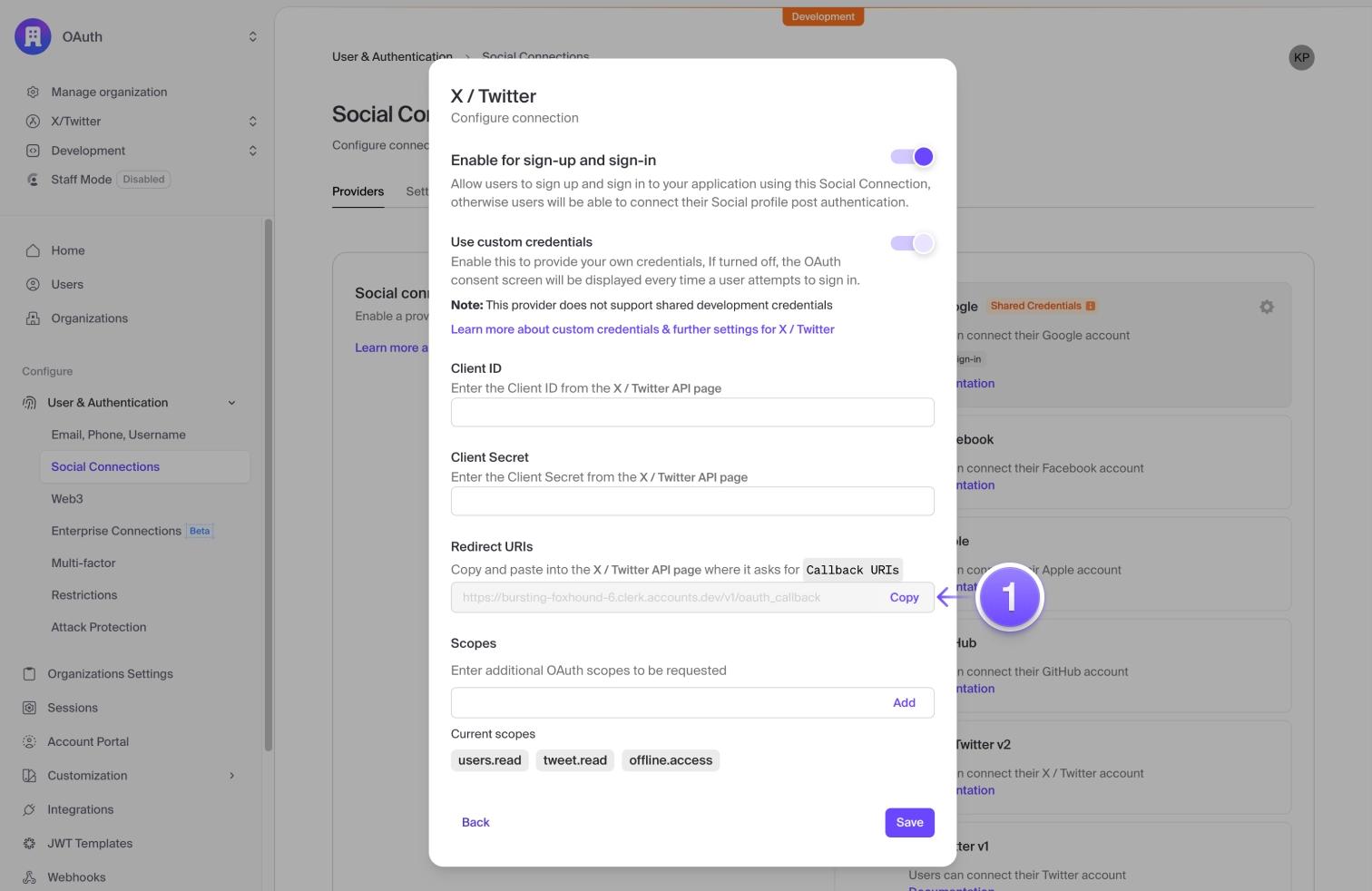 The X/Twitter settings modal in the Clerk Dashboard. An arrow marked '1' is pointing to the 'Redirect URI' copy button.