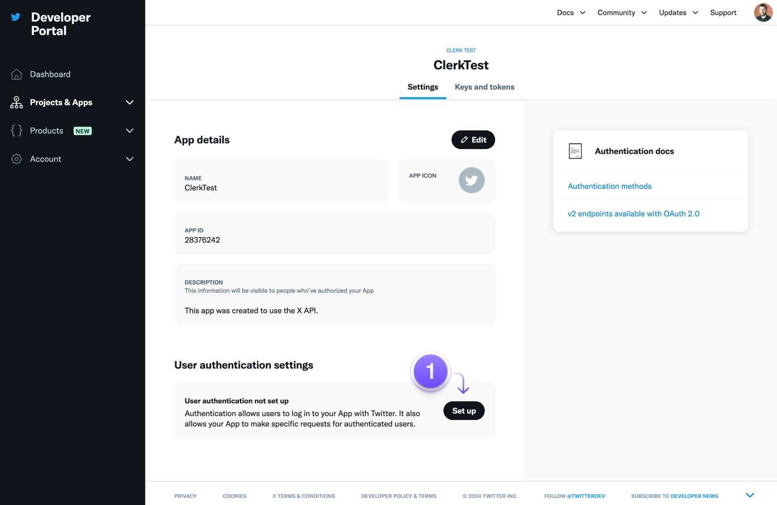 The X/Twitter set up user authentication settings page. An arrow marked '1' is pointing to the 'Set up' button.
