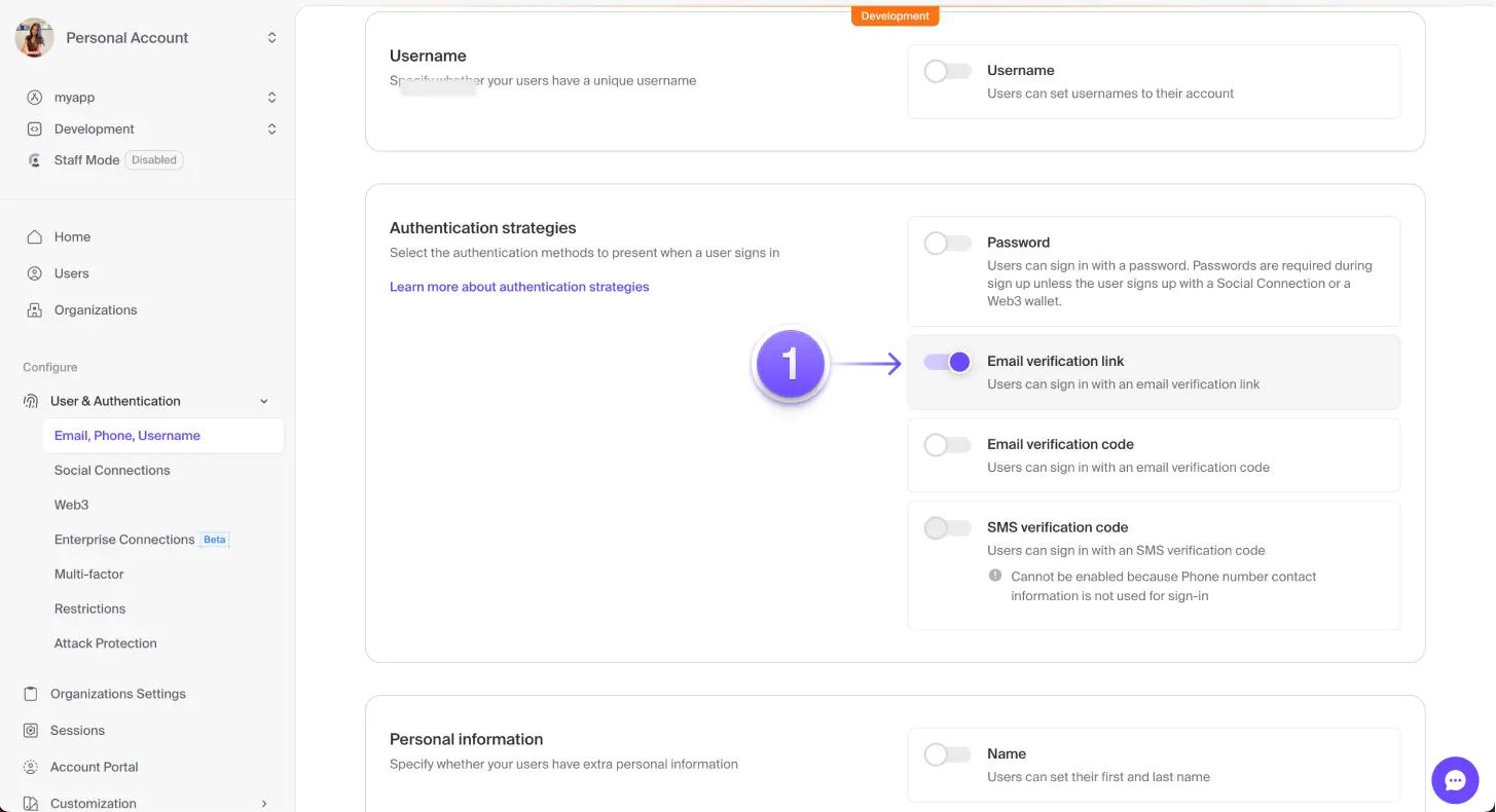 The 'Authentication strategies' section of the 'Email, Phone, and Username' page in the Clerk dashboard. There is a purple arrow marked '1' pointing to the 'Email verification link' toggle, which is toggled on.