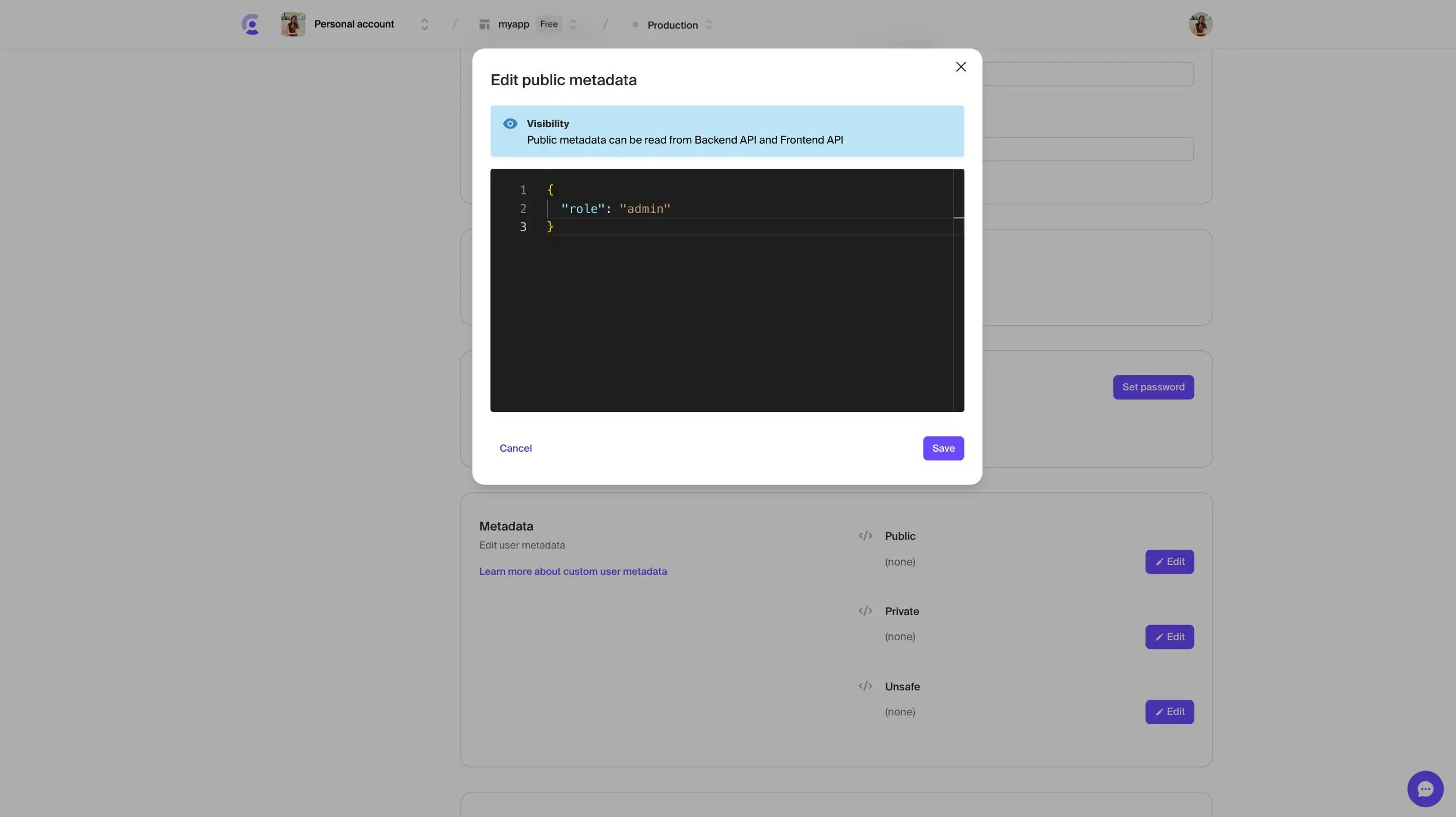 The Users page in the Clerk Dashboard with the 'Edit public metadata' modal open. The modal has a text field with the JSON 'role': 'admin'.