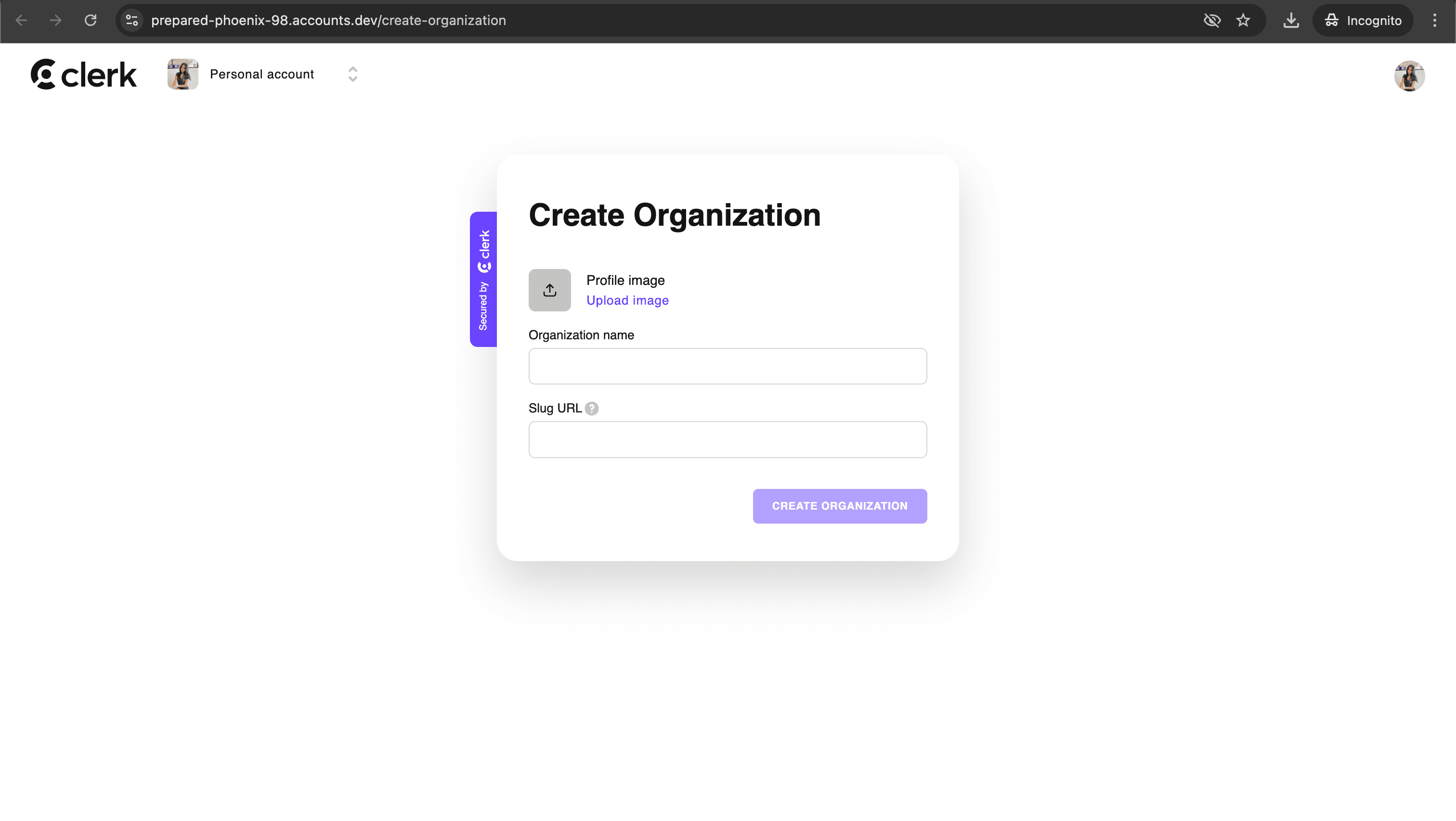 Clerk's Account Portal create organization page hosts the <CreateOrganization /> component