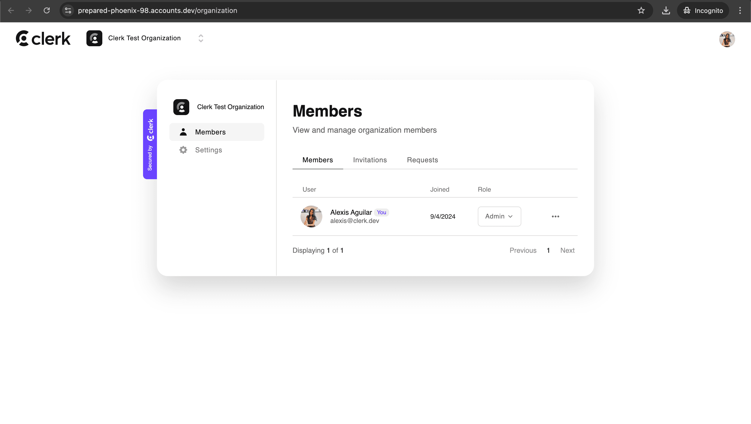 Clerk's Account Portal organization profile page hosts the <OrganizationProfile /> component