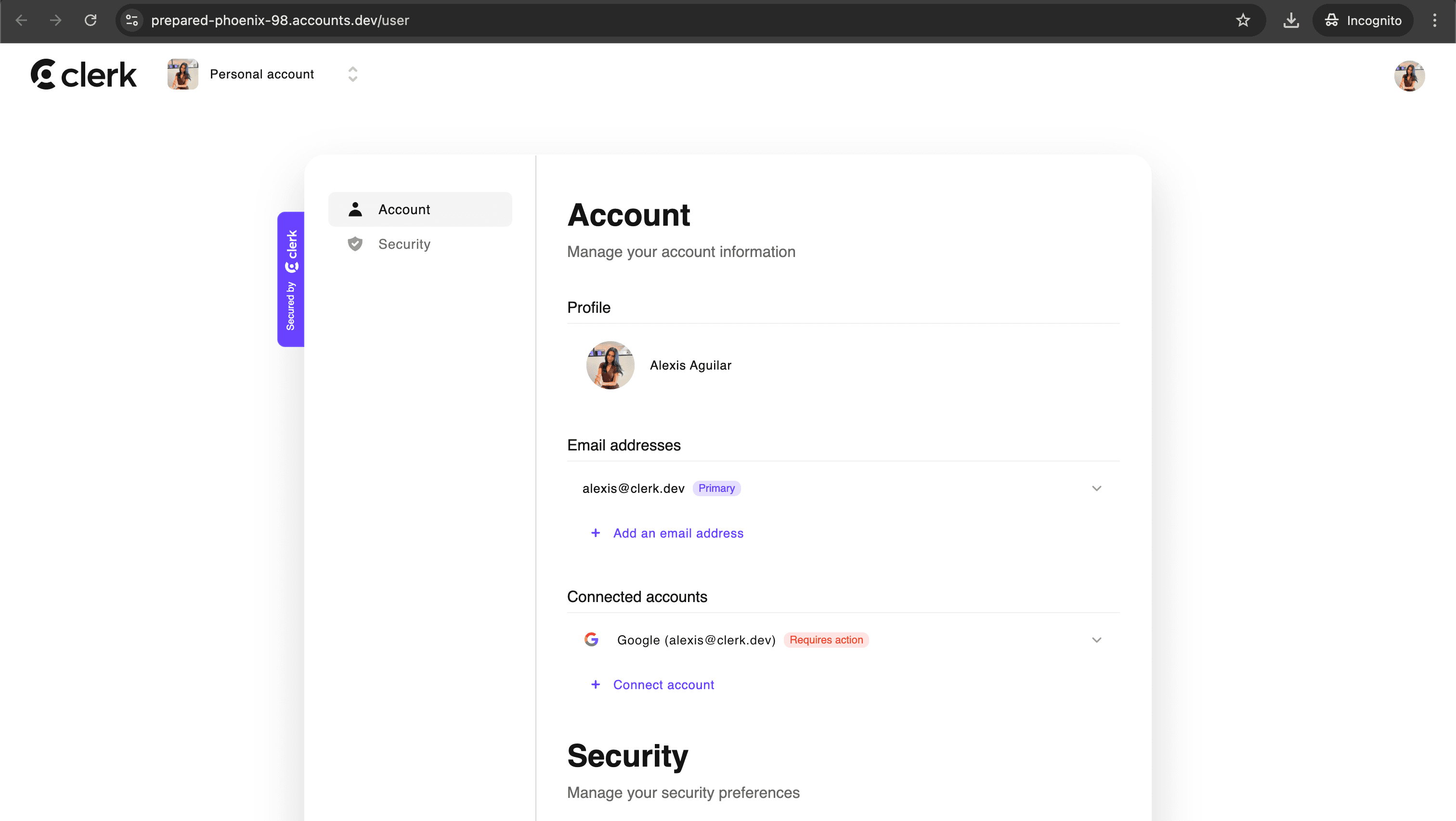 Clerk's Account Portal user profile page hosts the <UserProfile /> component