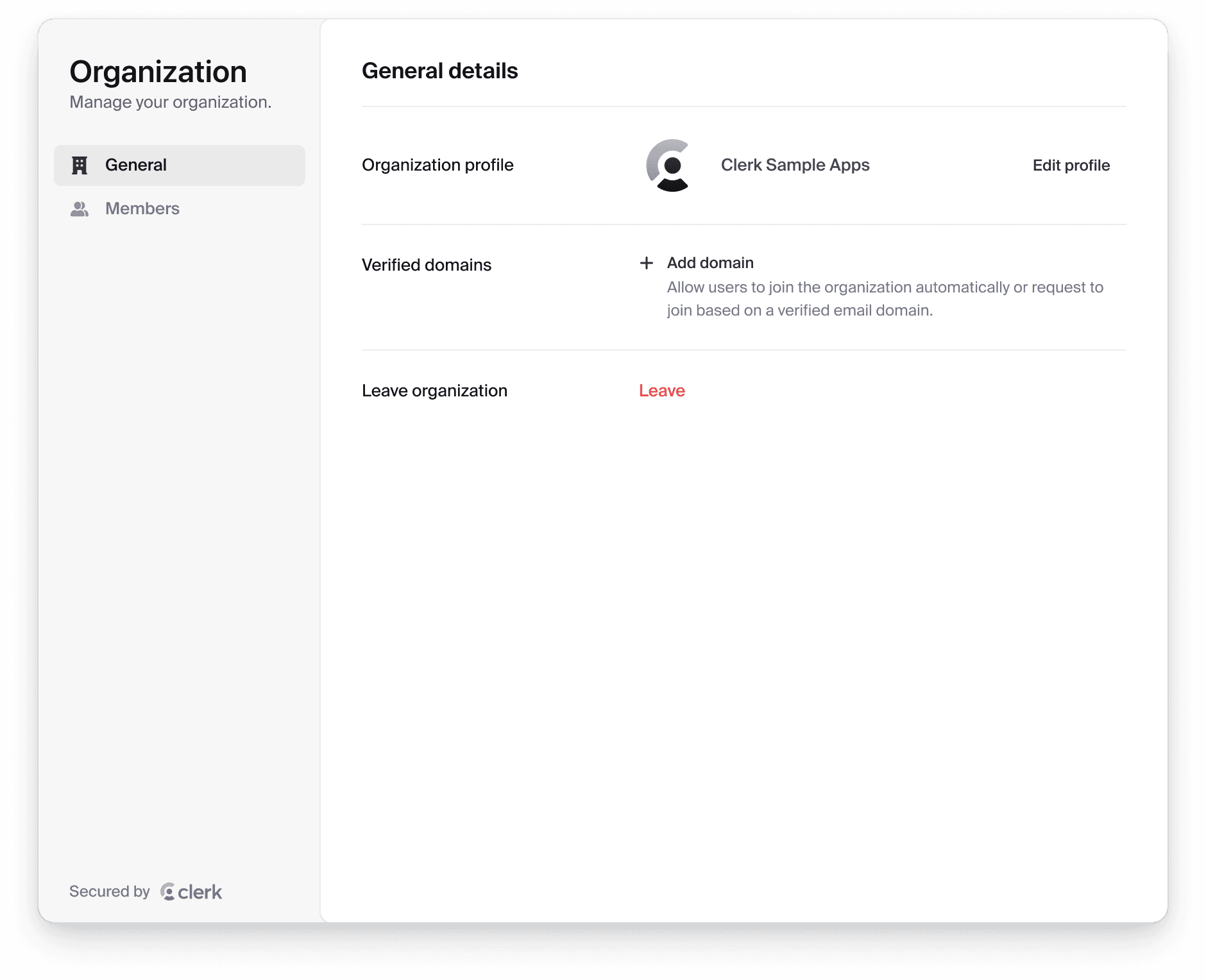 The <OrganizationProfile /> component renders a full-featured organization management UI that allows users to manage their organization profile and security settings.