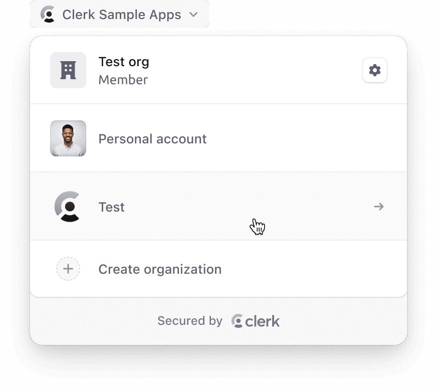 The <OrganizationSwitcher /> component is used to enable the ability to switch between available organizations the user may be part of in your application.