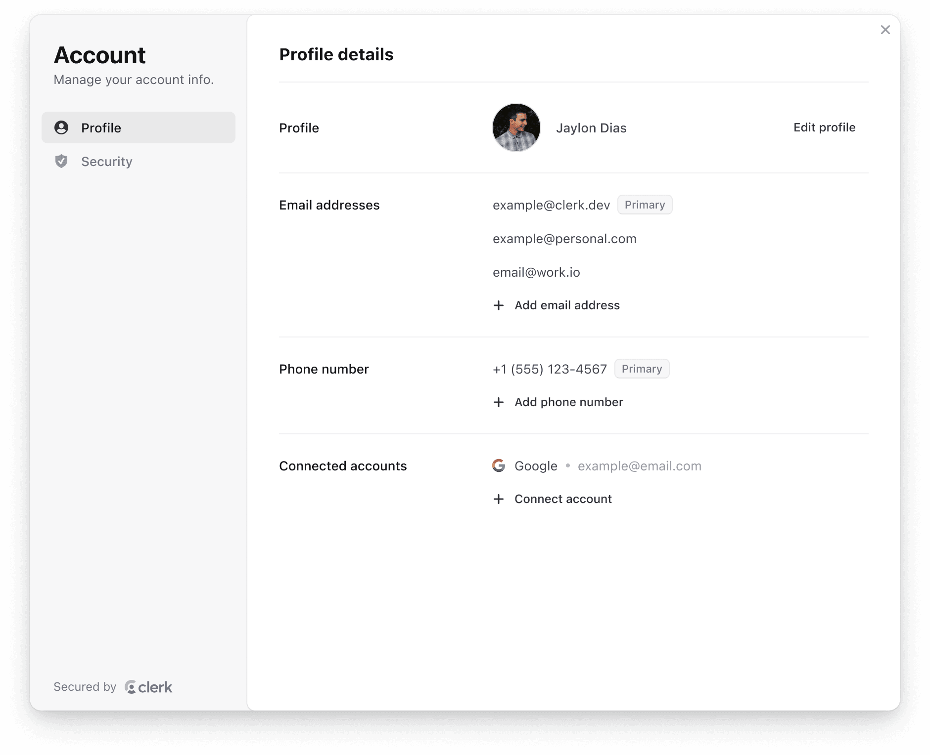 The <UserProfile /> component renders a full-featured account management UI that allows users to manage their profile and security settings.