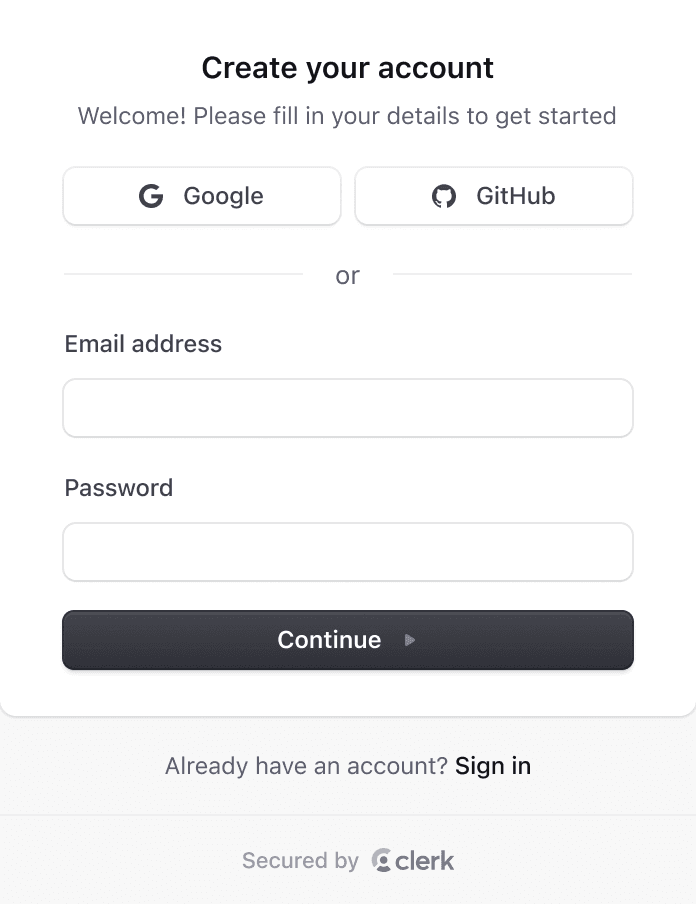 Account creation screen for a Next.js application, featuring options to sign up with Google or GitHub, and fields for email and password.