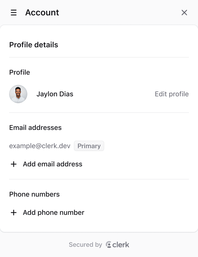 Profile details component for a Next.js application, showing user information for an example user, including email addresses, phone number, and options to add or connect accounts.