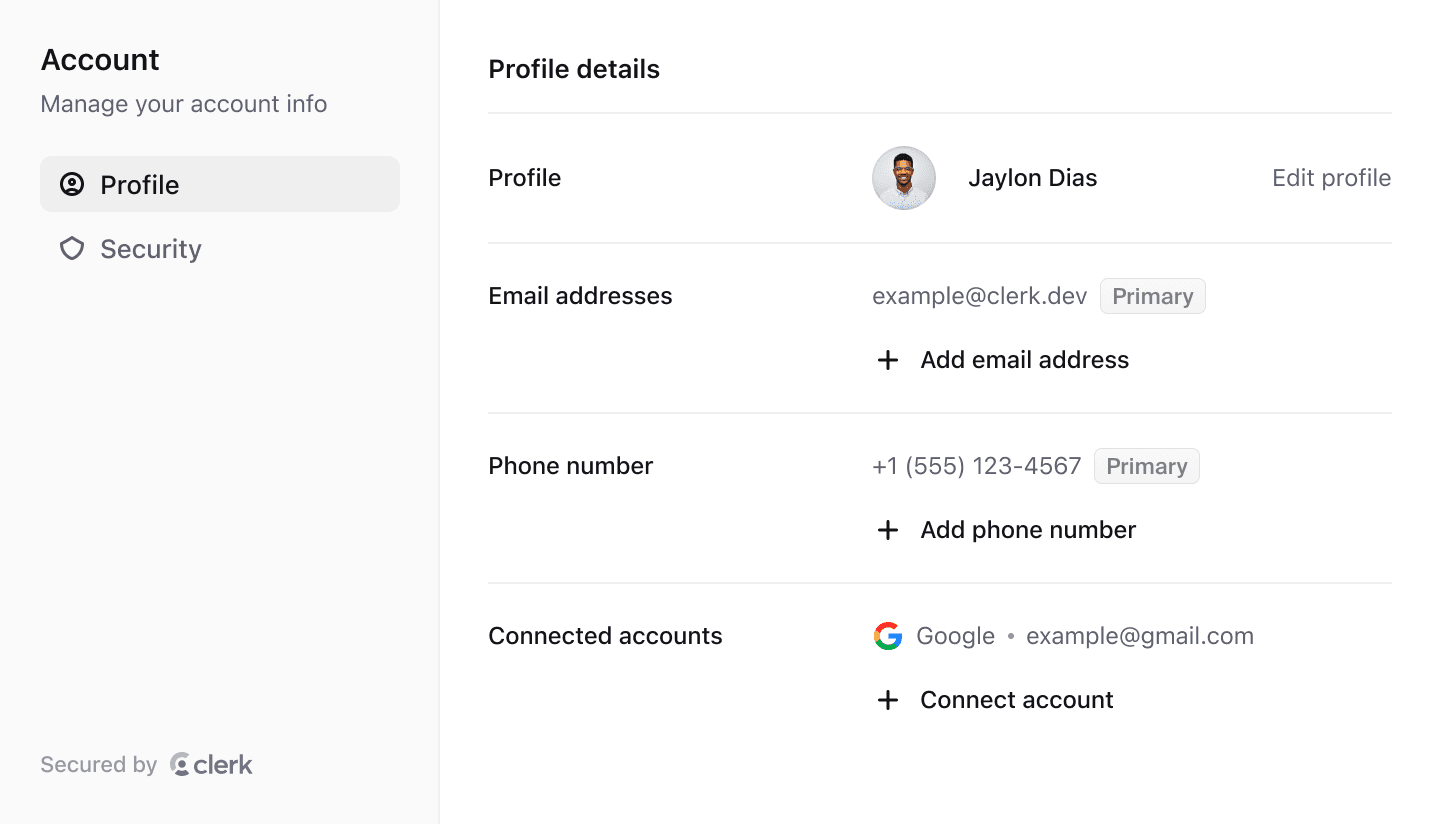 Profile details component for a Next.js application, showing user information for an example user, including email addresses, phone number, and options to add or connect accounts.