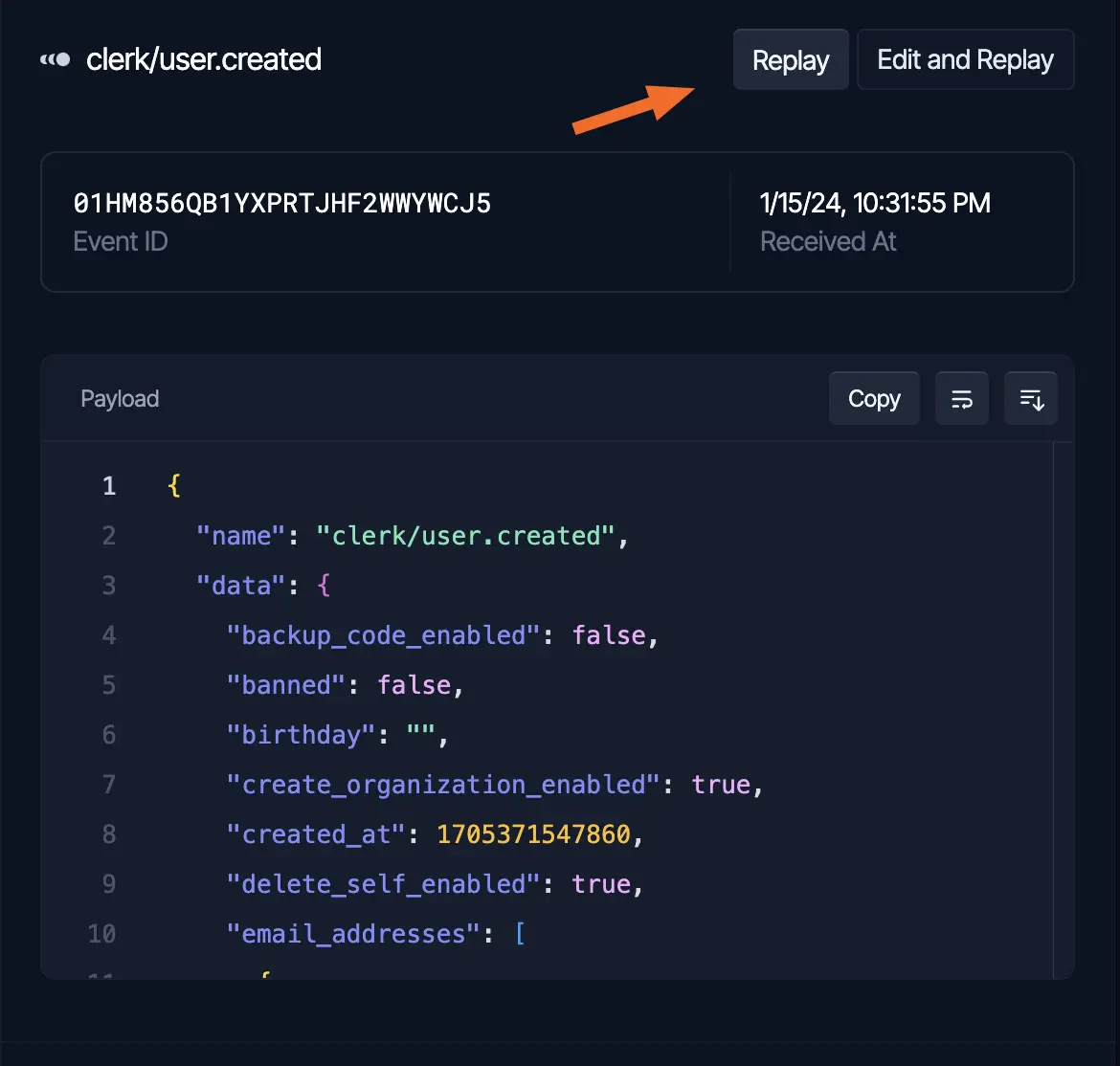 The Inngest Dev Server showing the forwarded event payload. A red arrow points to the Replay button