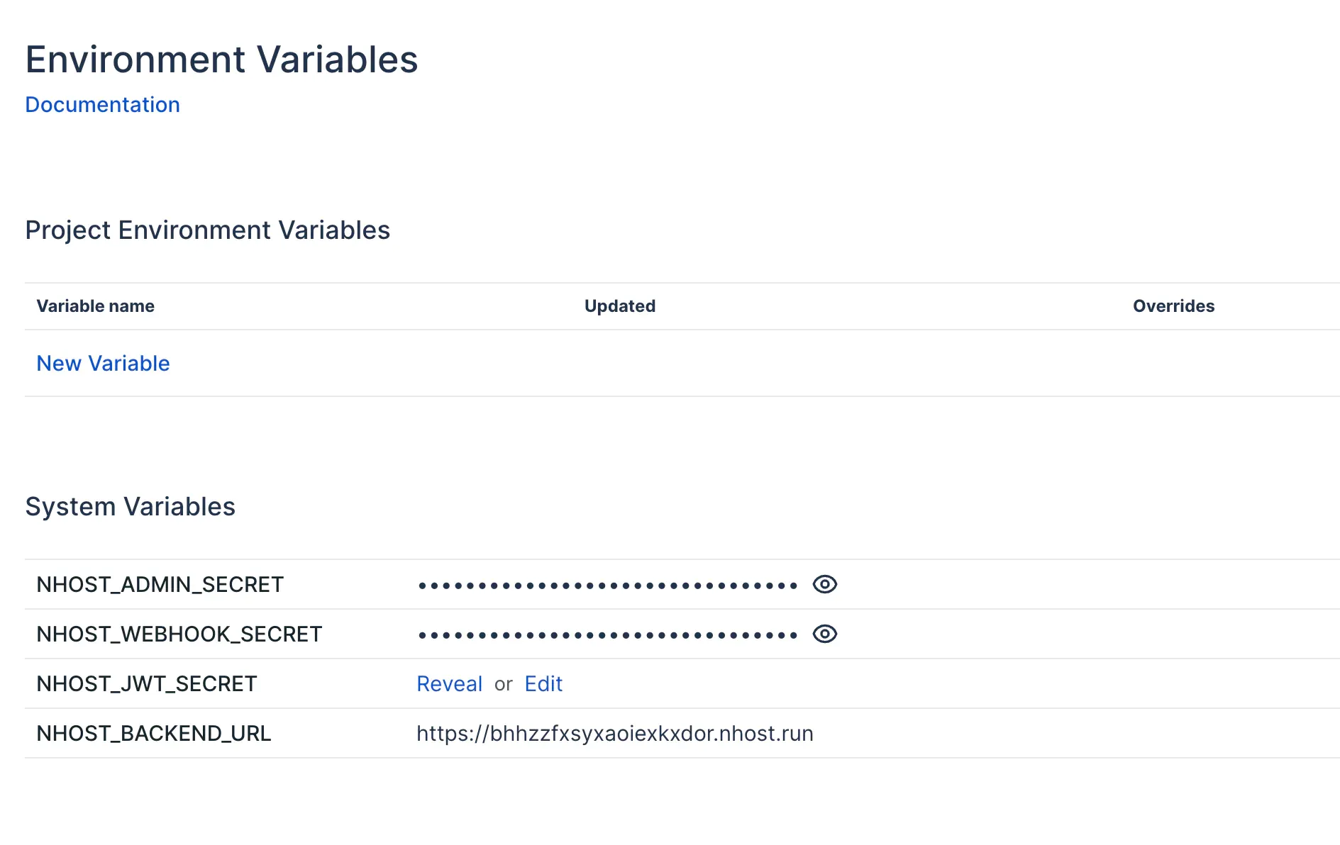 The Environment variables page in the Nhost dashboard