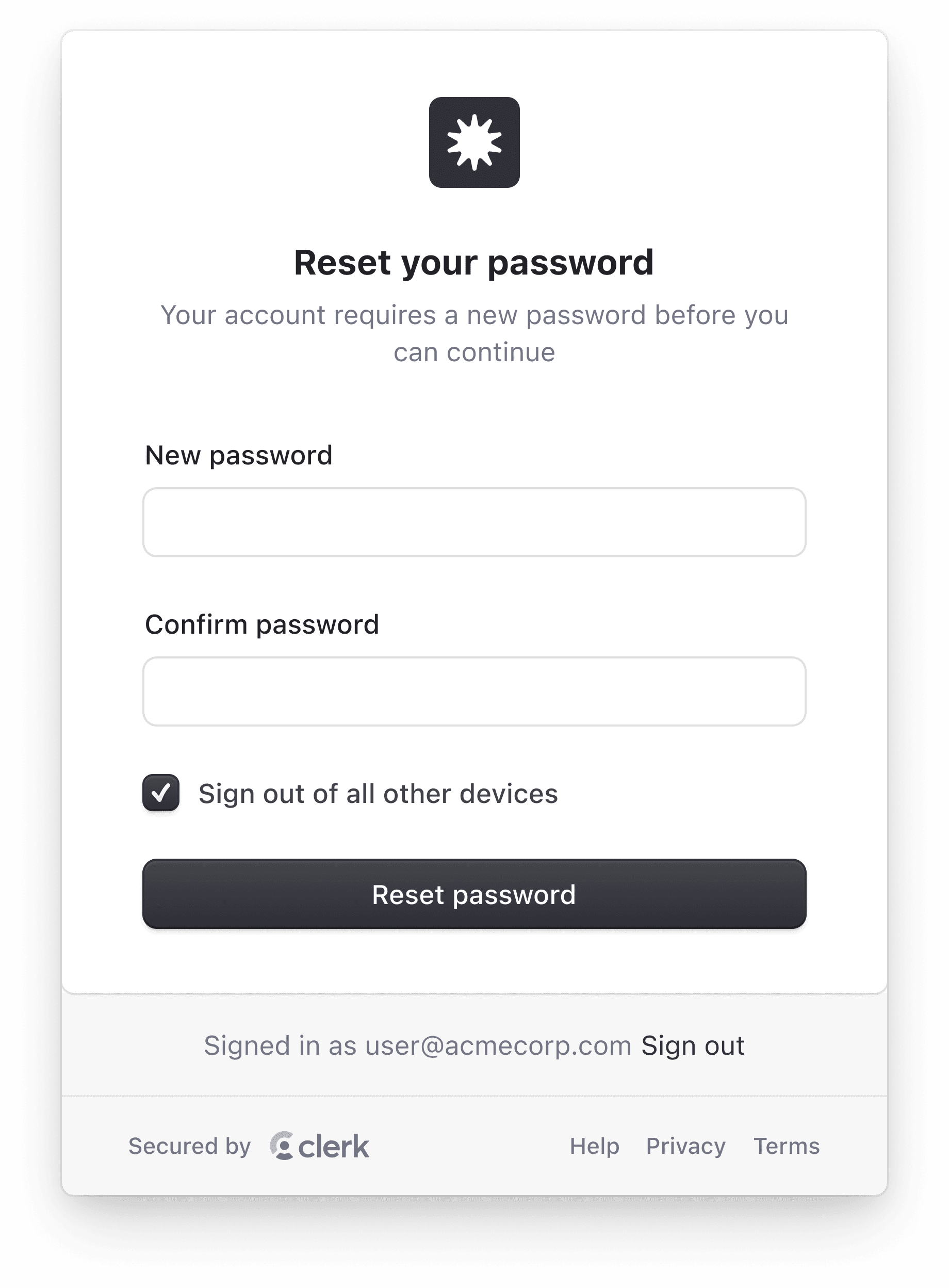 The <TaskResetPassword /> component renders a UI for resolving the reset-password session task.