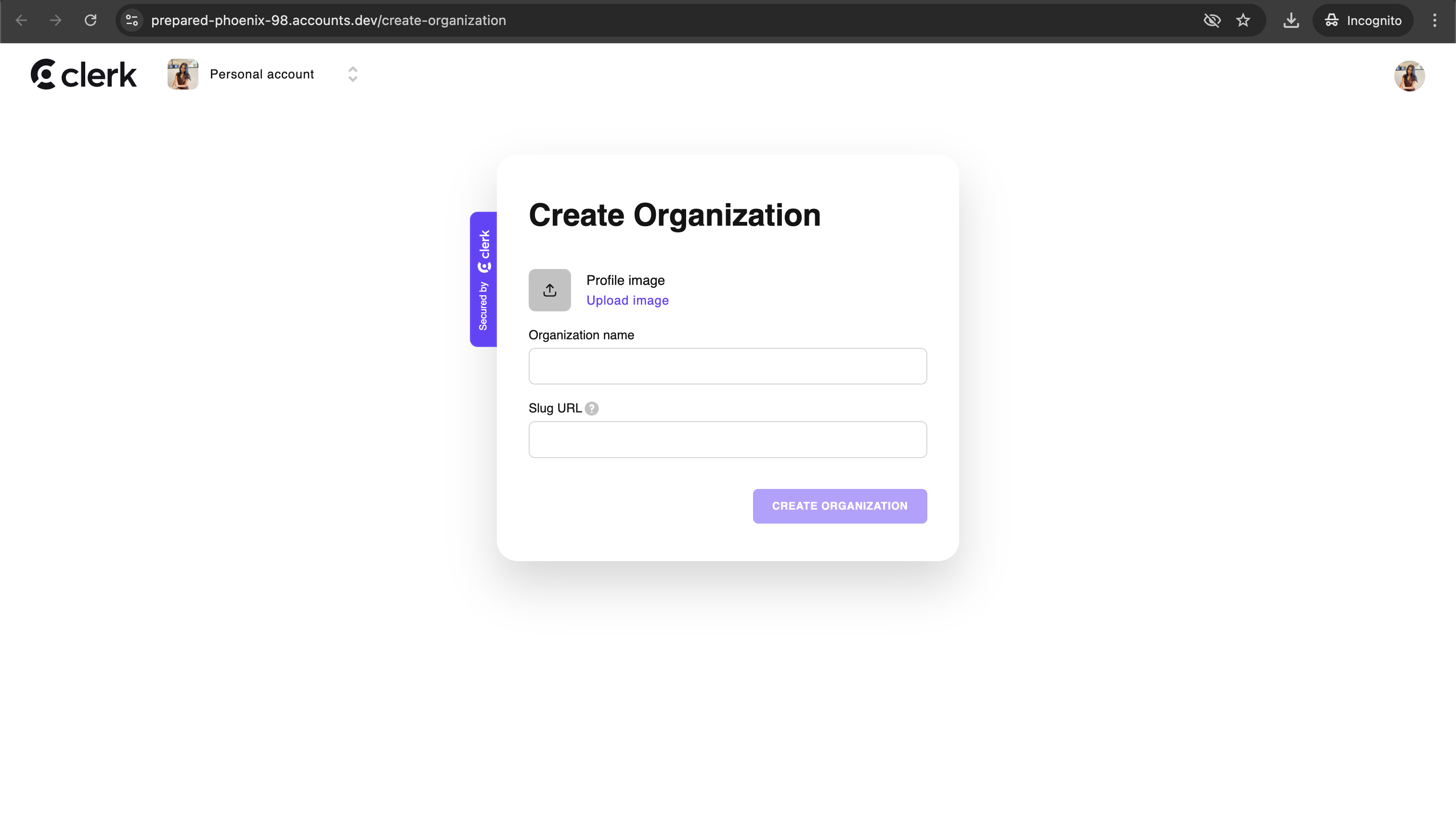 The Account Portal create Organization page hosts the <CreateOrganization /> component