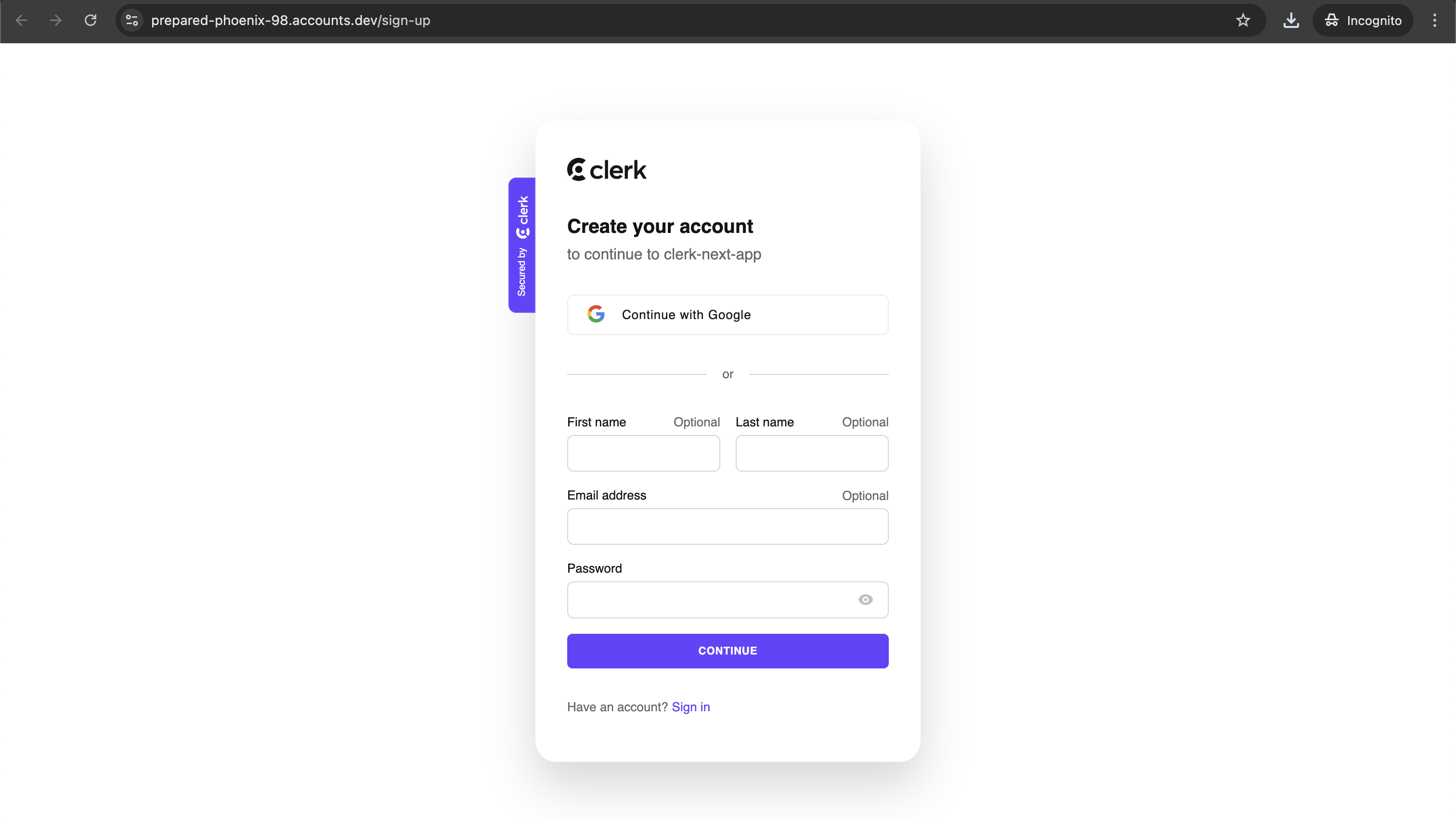 The Account Portal sign-up page hosts the <SignUp /> component