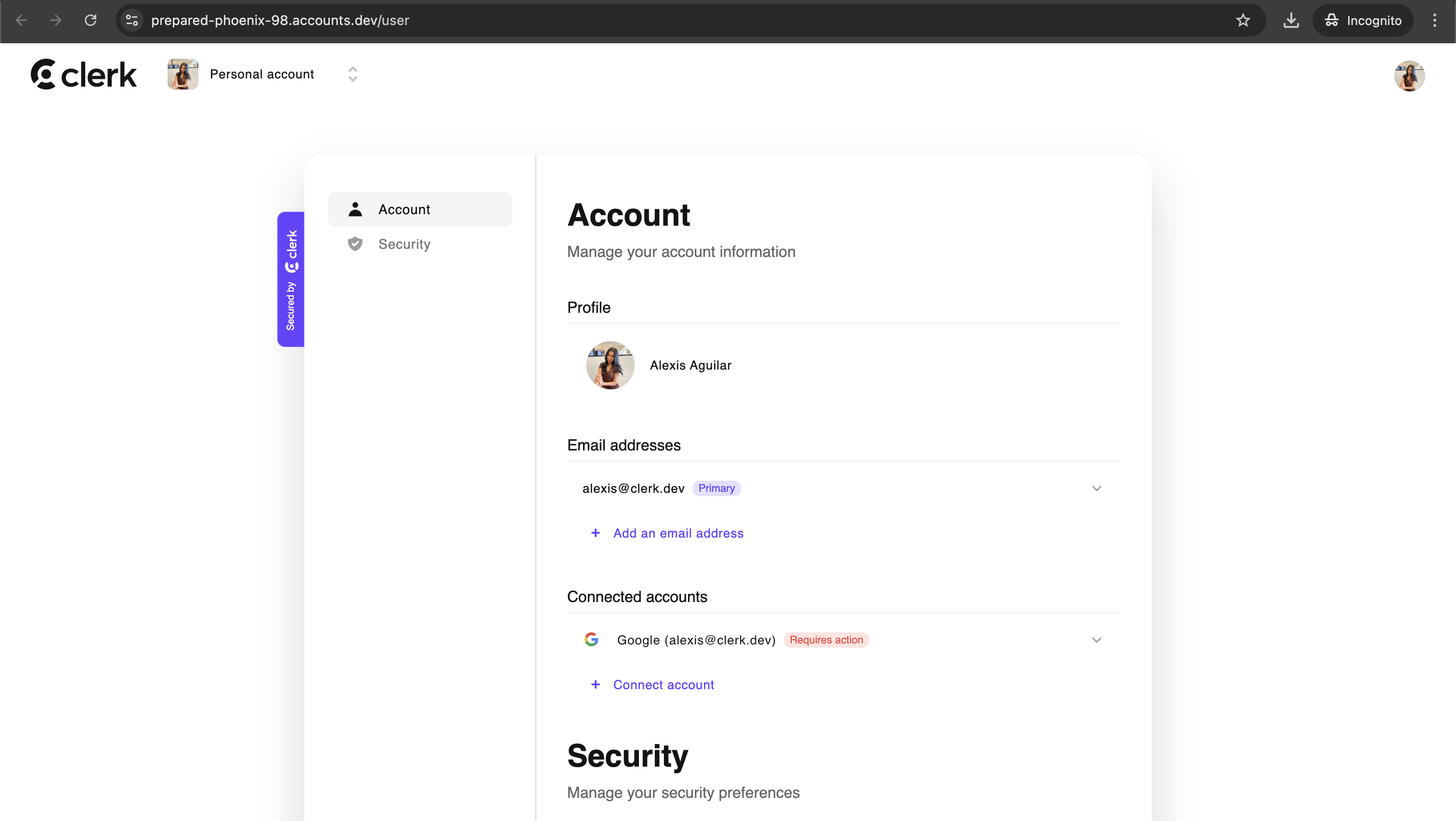 The Account Portal user profile page hosts the <UserProfile /> component