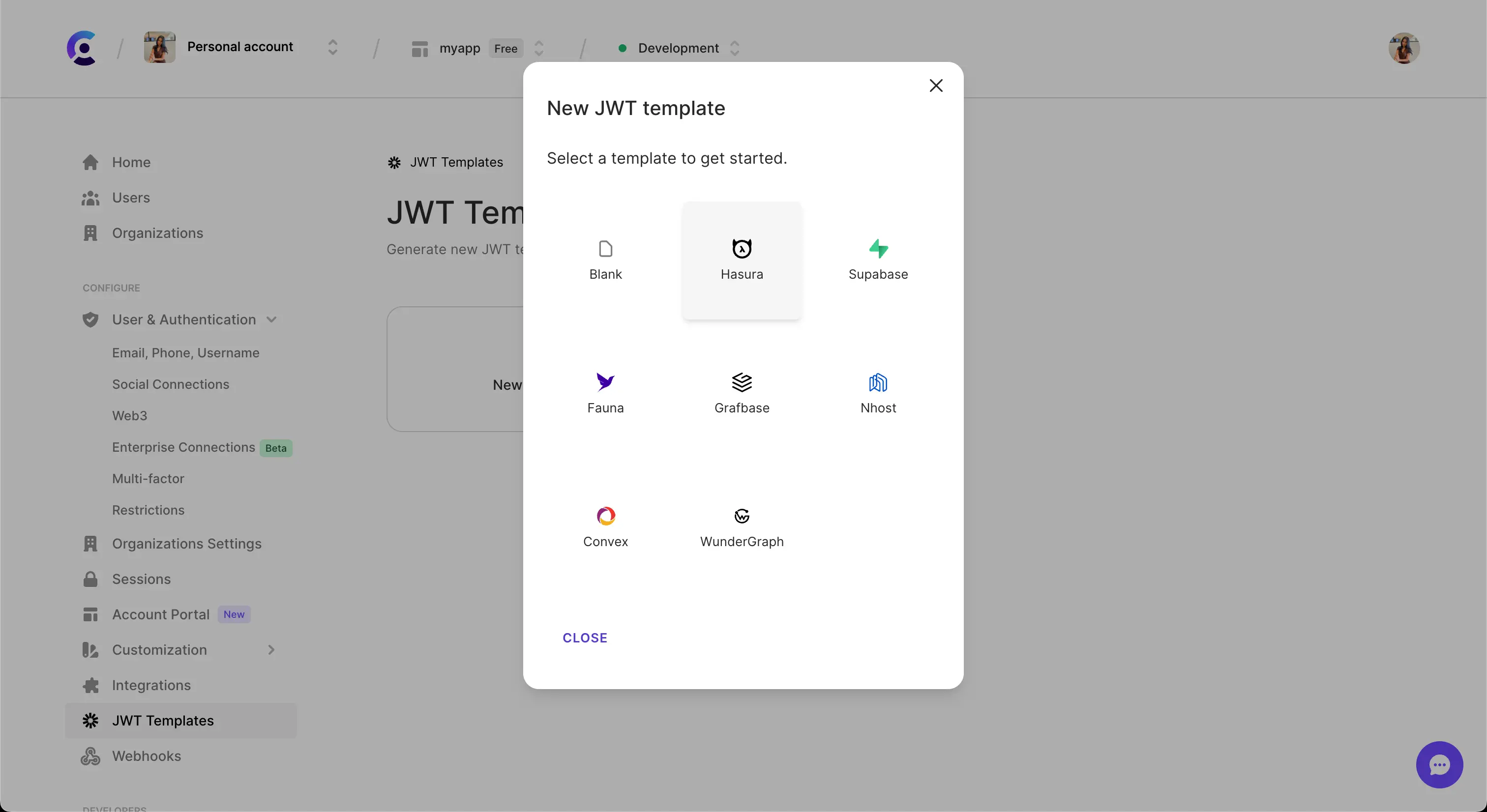 The JWT templates page in the Clerk Dashboard. The 'New template' button was clicked, and a pop up titled 'New JWT template' is shown. The 'Hasura' template is hovered over