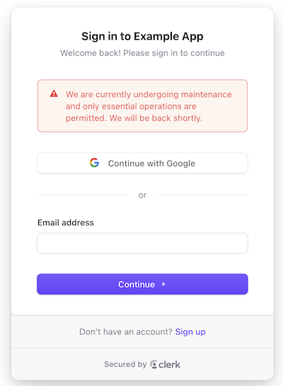 The <SignIn /> component with a maintenance mode error.