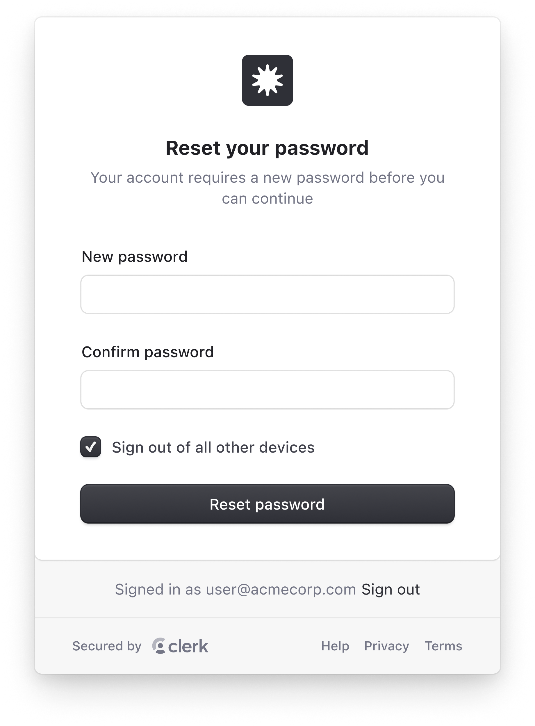 The <TaskResetPassword /> component renders a UI for resolving the reset-password session task.