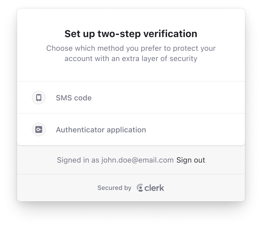 The <TaskSetupMFA /> component renders a UI for resolving the setup-mfa session task.